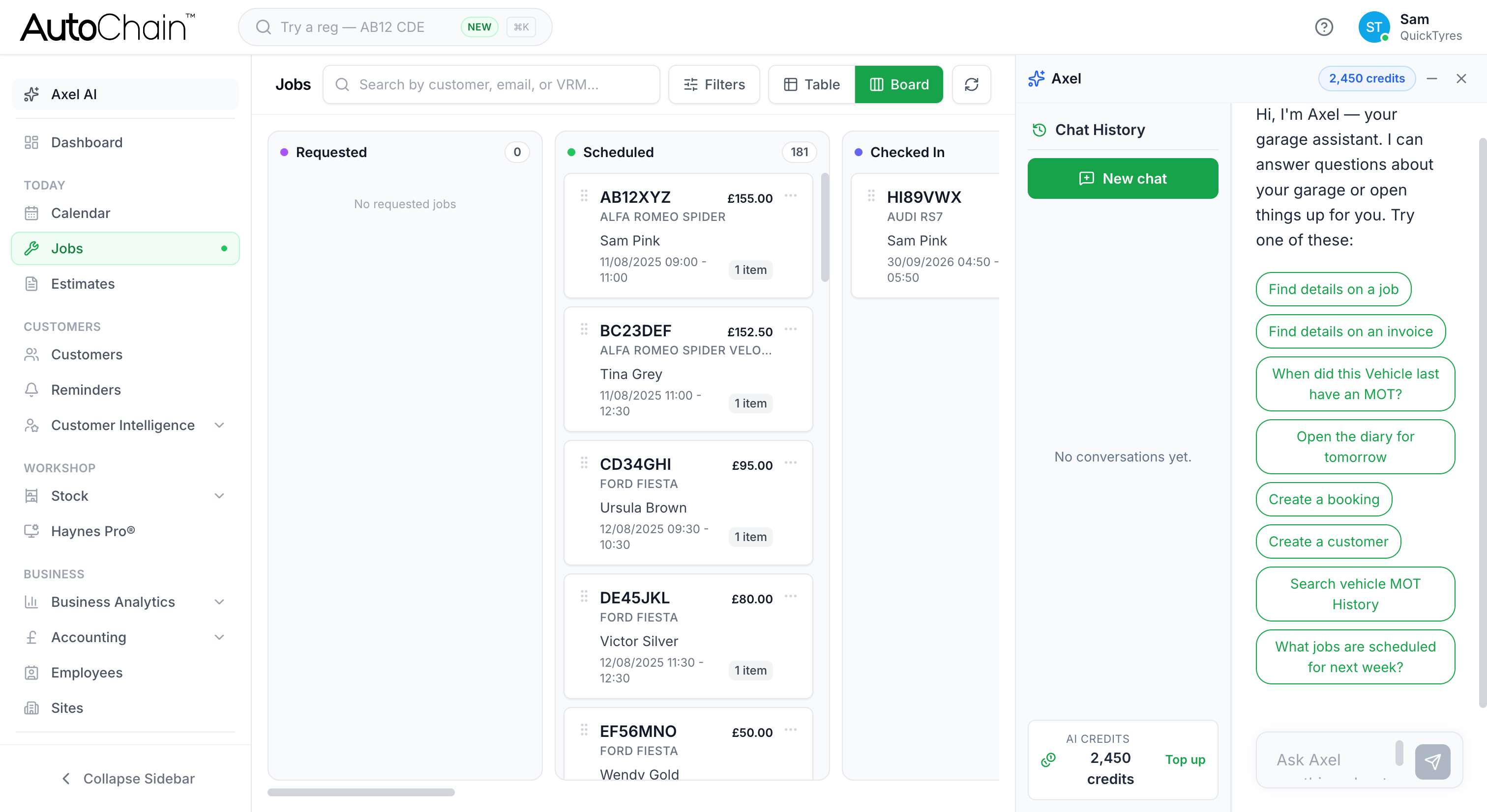 Axel, the AutoChain AI assistant, open beside the jobs board with suggested questions