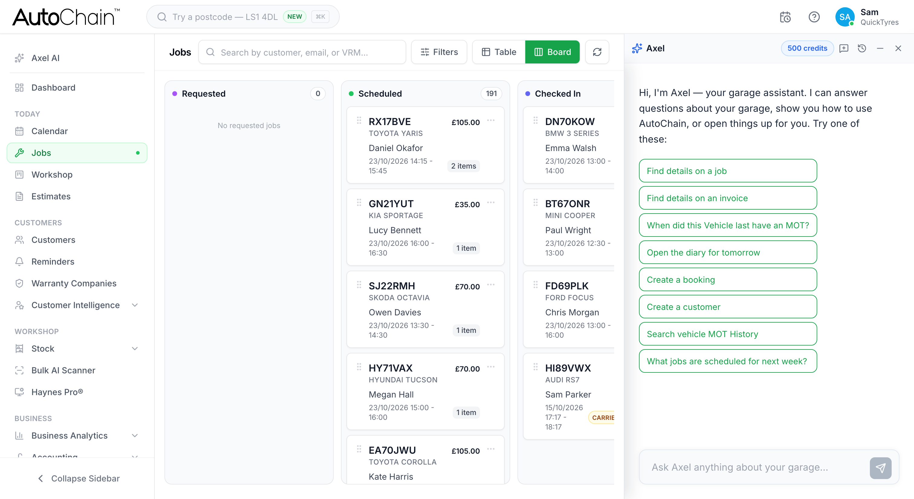 Axel, the AutoChain AI assistant, open beside the jobs board with suggested questions