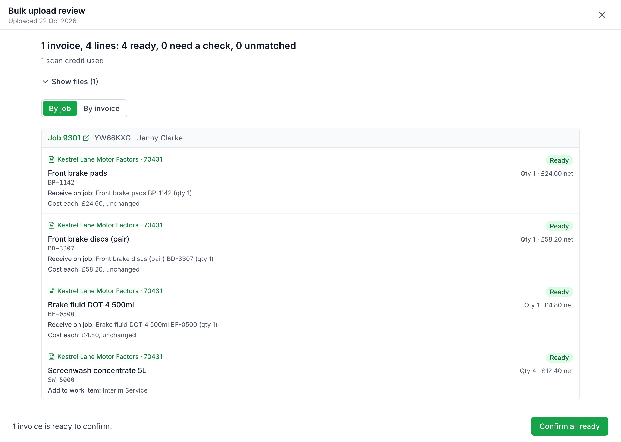 AutoChain Bulk AI Scanner review grouping the lines of a scanned supplier invoice under the job they belong to, each marked ready