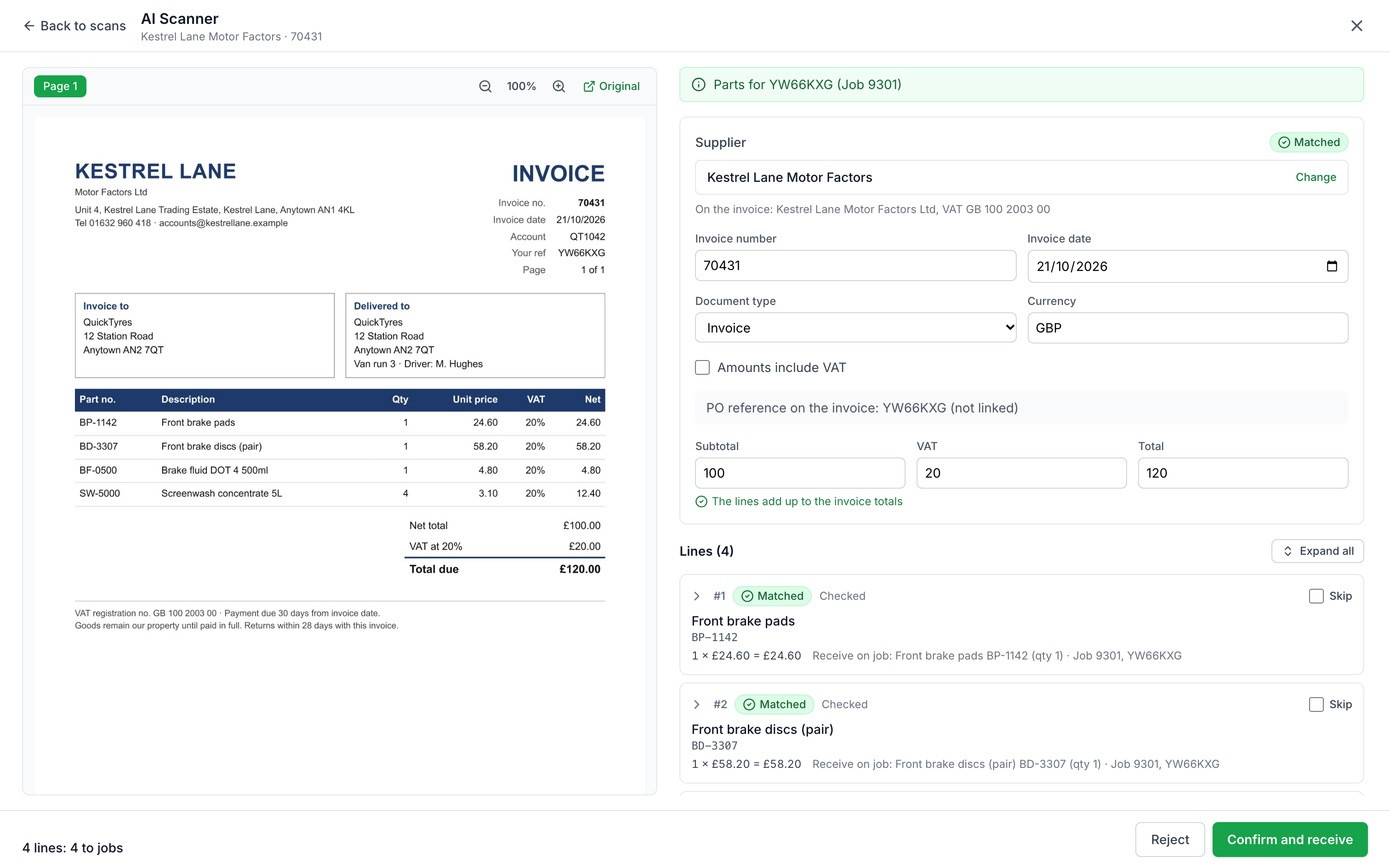 AutoChain AI Scanner with a supplier invoice beside the details it read: supplier matched, totals checked and each line matched to a job