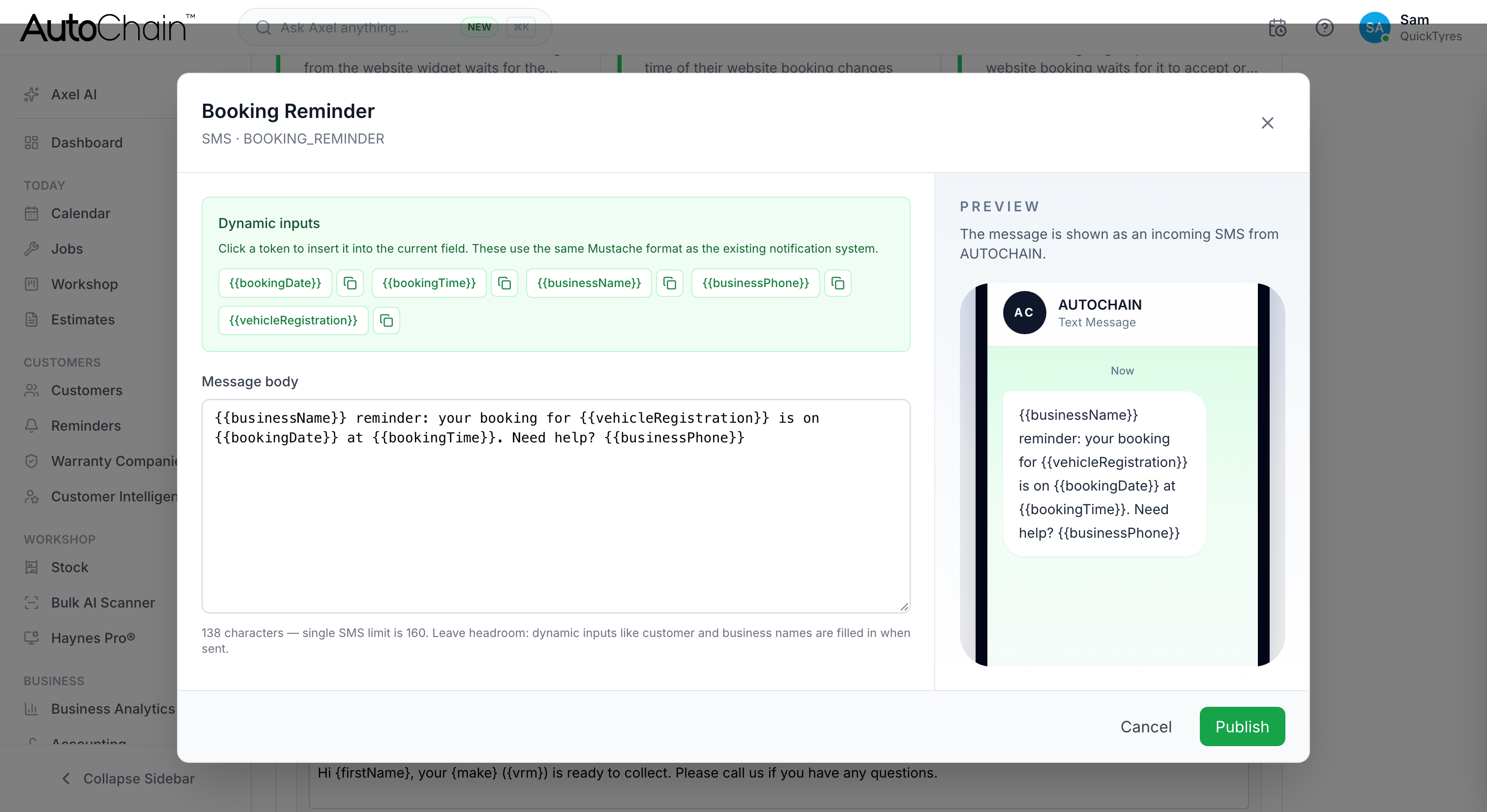 AutoChain booking reminder SMS template editor with the message preview