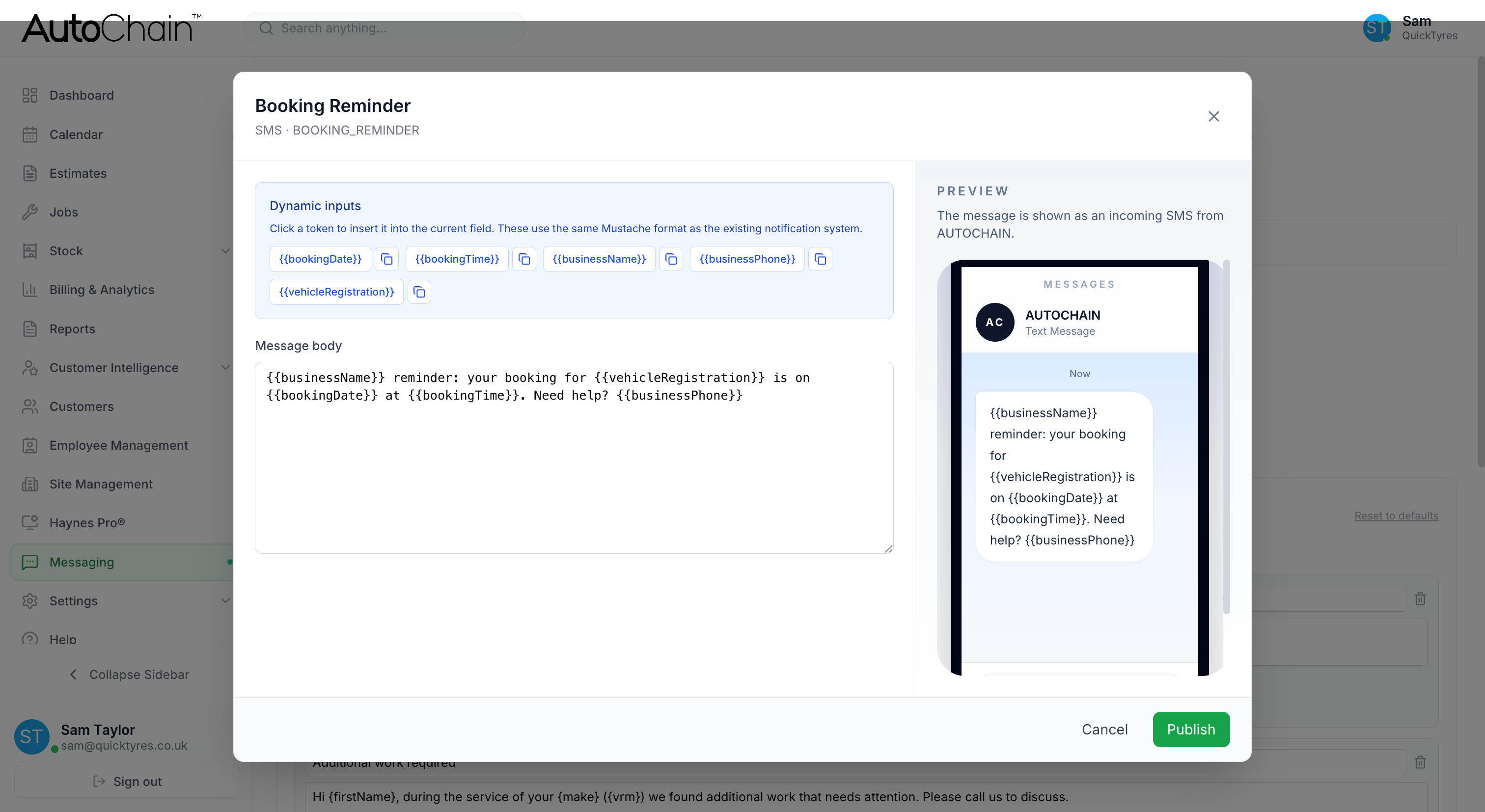 AutoChain booking reminder SMS template editor with a message preview