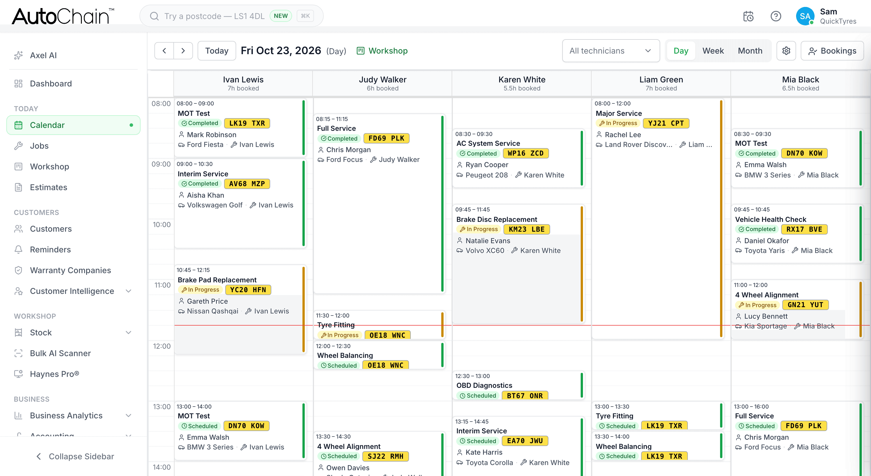AutoChain calendar day view with each technician's bookings, job status and registration