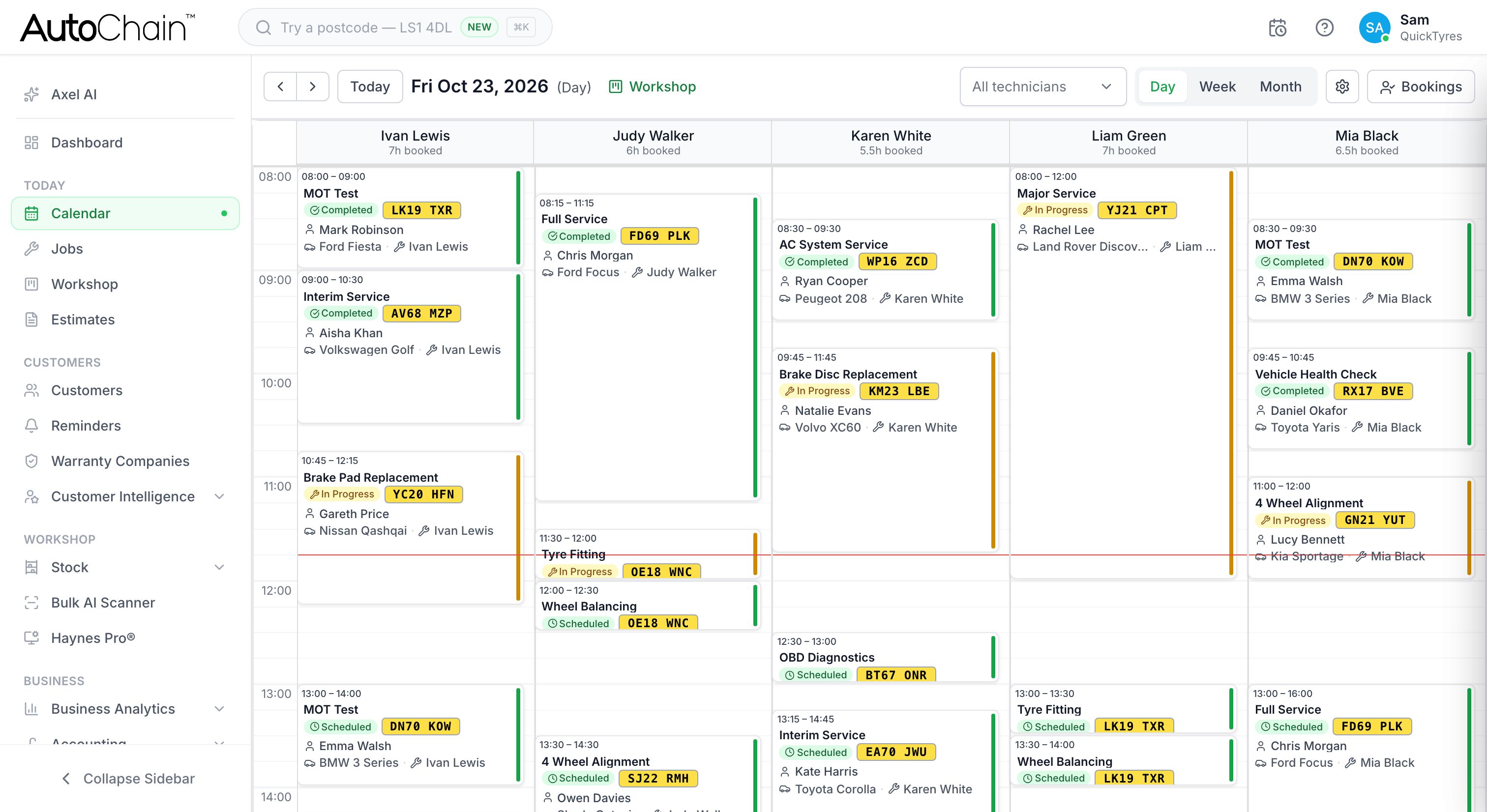 AutoChain calendar day view with each technician's bookings, job status and registration