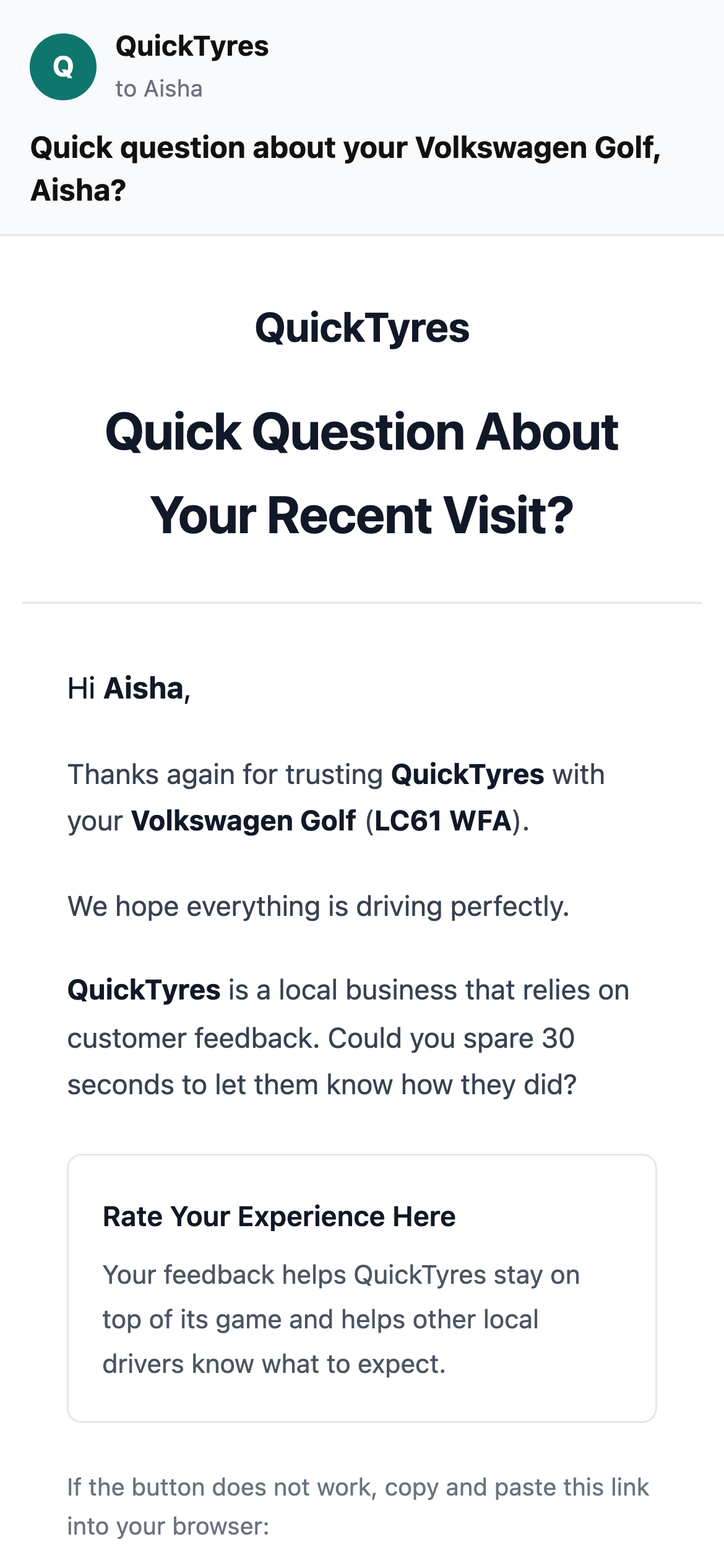 Survey invite email from the garage, naming the customer, their car and its registration