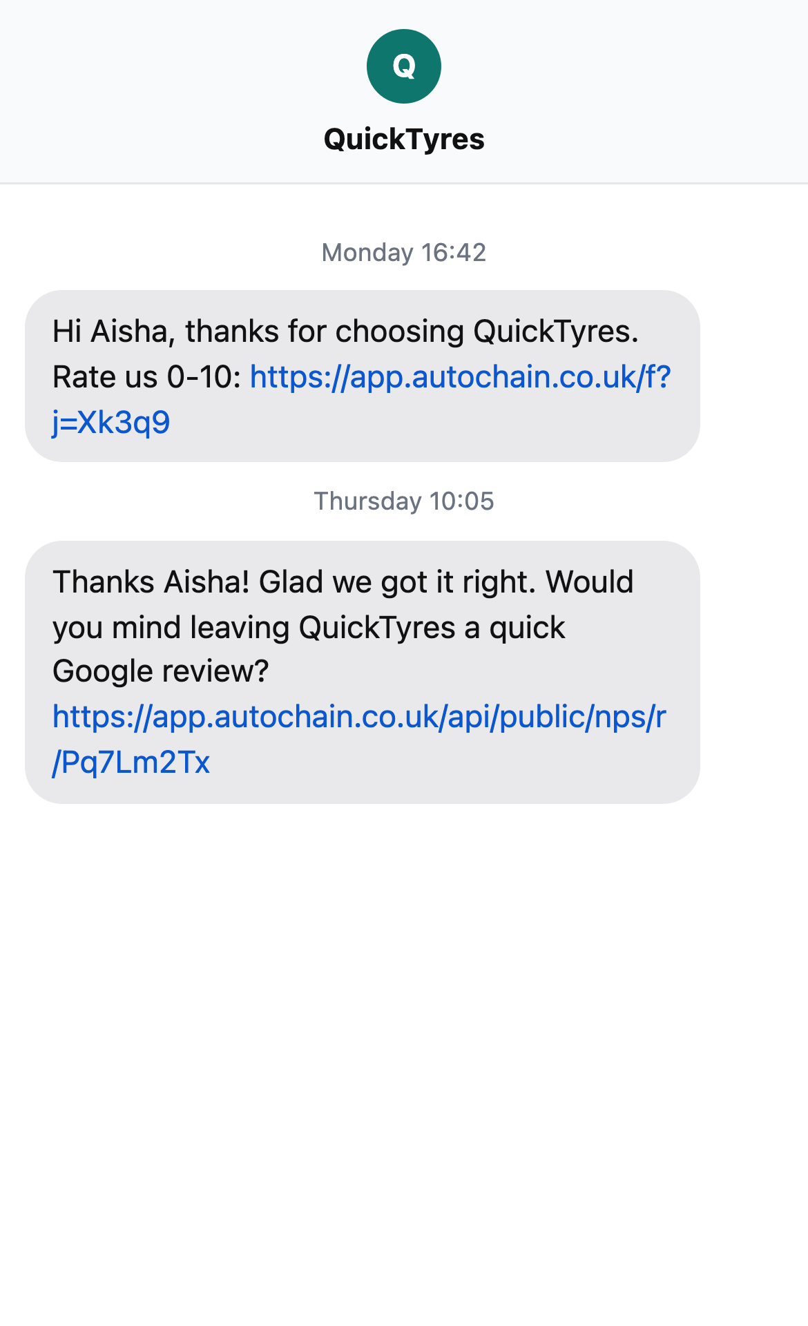 Survey invite text from the garage asking the customer to rate them 0-10, followed by a Google review request