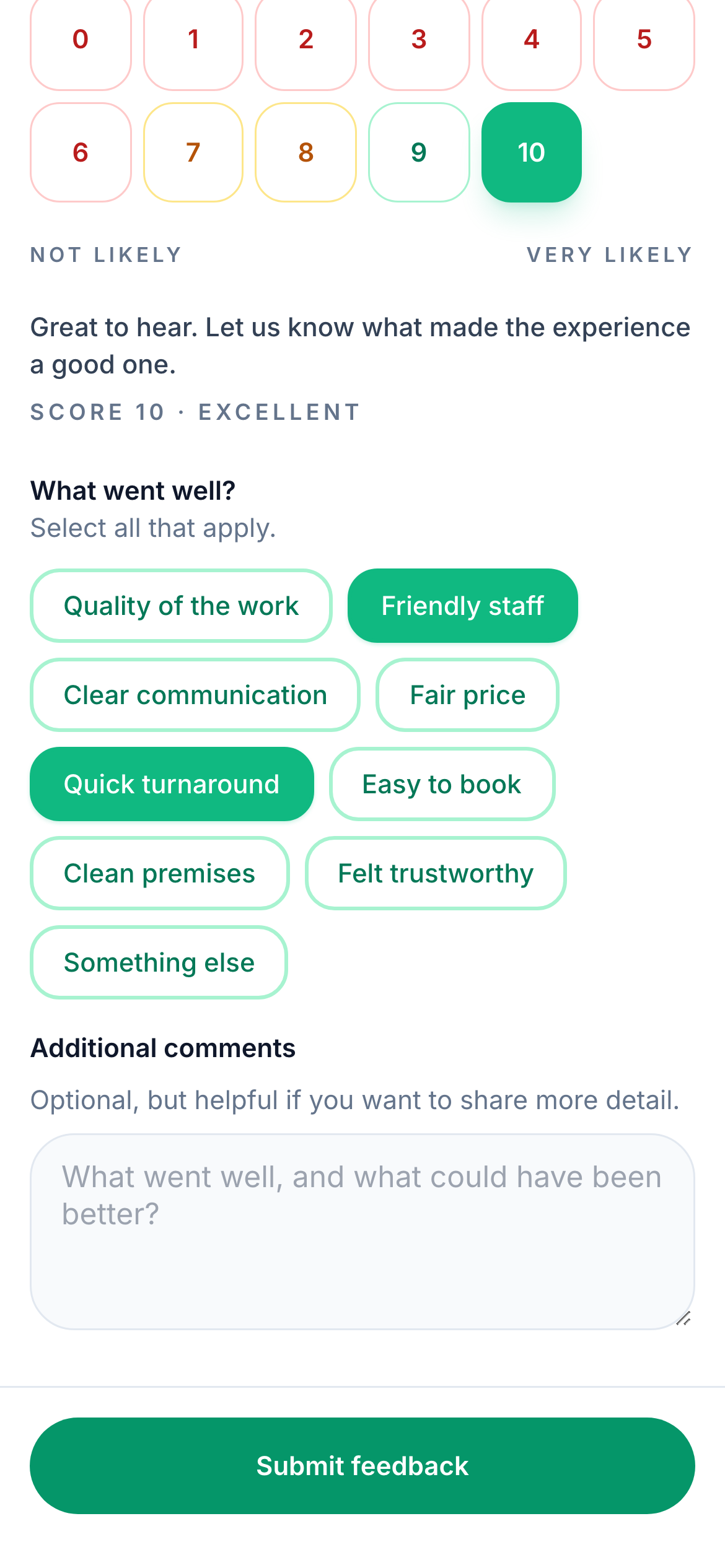 Survey page on a phone with a score of 10 chosen and the reasons friendly staff and quick turnaround selected