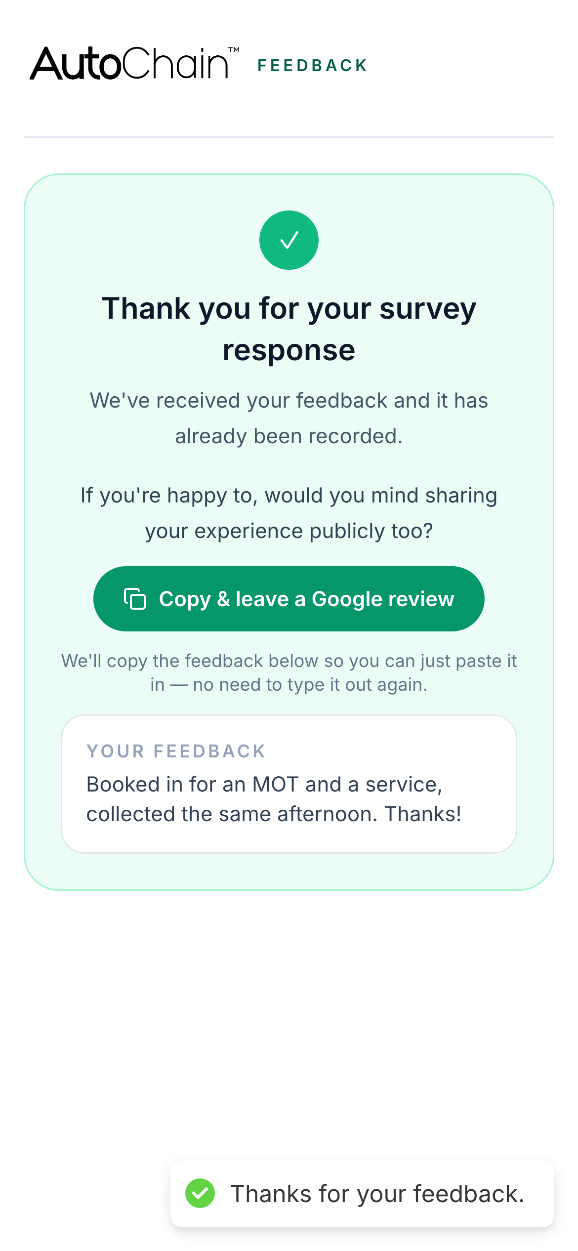 Thank-you page on a phone offering to copy the feedback and leave a Google review