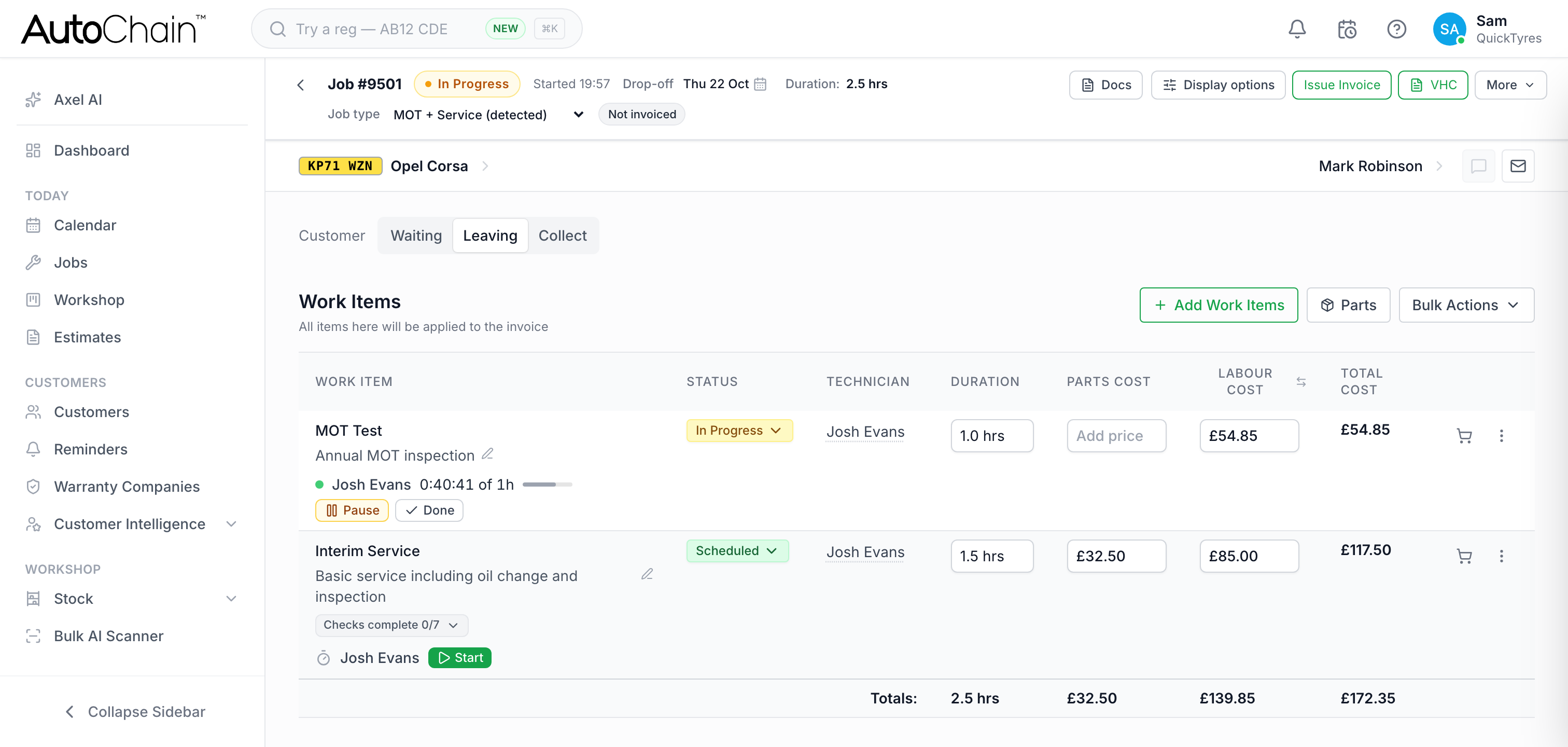 AutoChain job work items with Start, Pause and Done buttons and the time clocked against each item