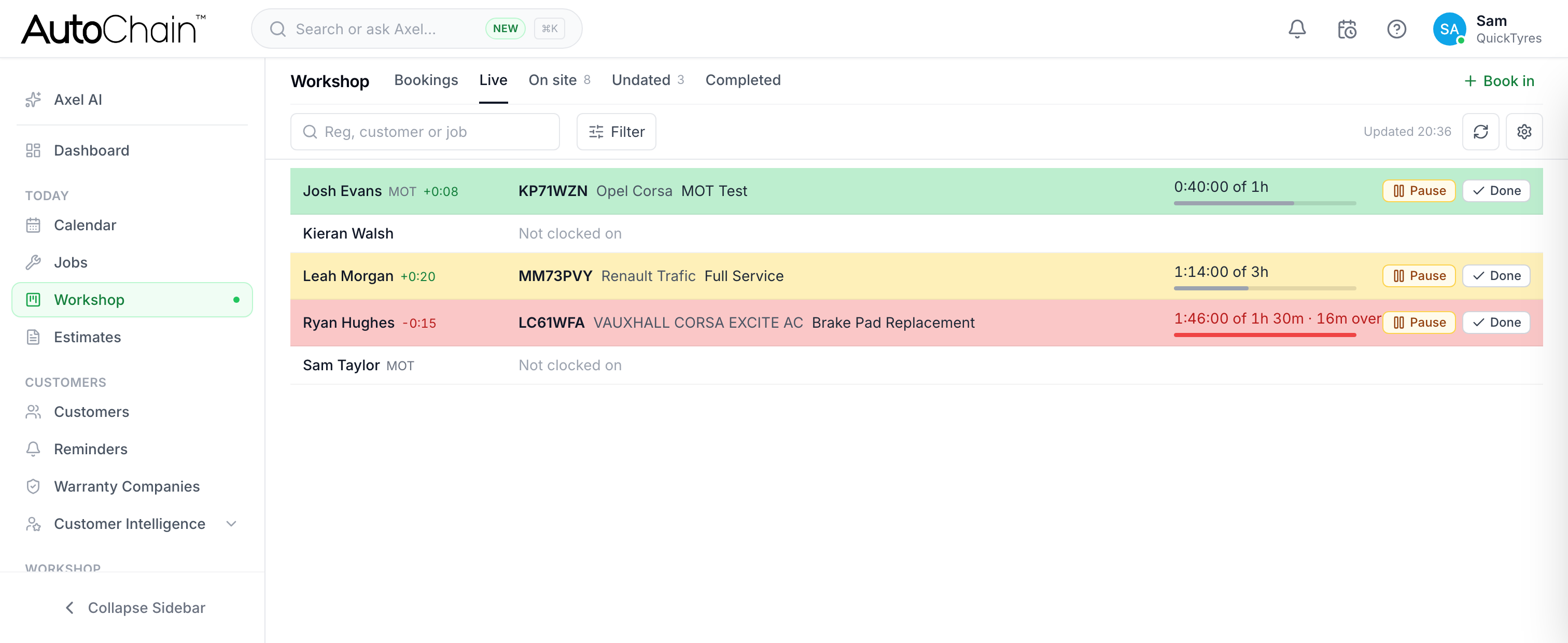 AutoChain Workshop Live tab showing each technician, the car and work item they are clocked on to and a timer against the estimate
