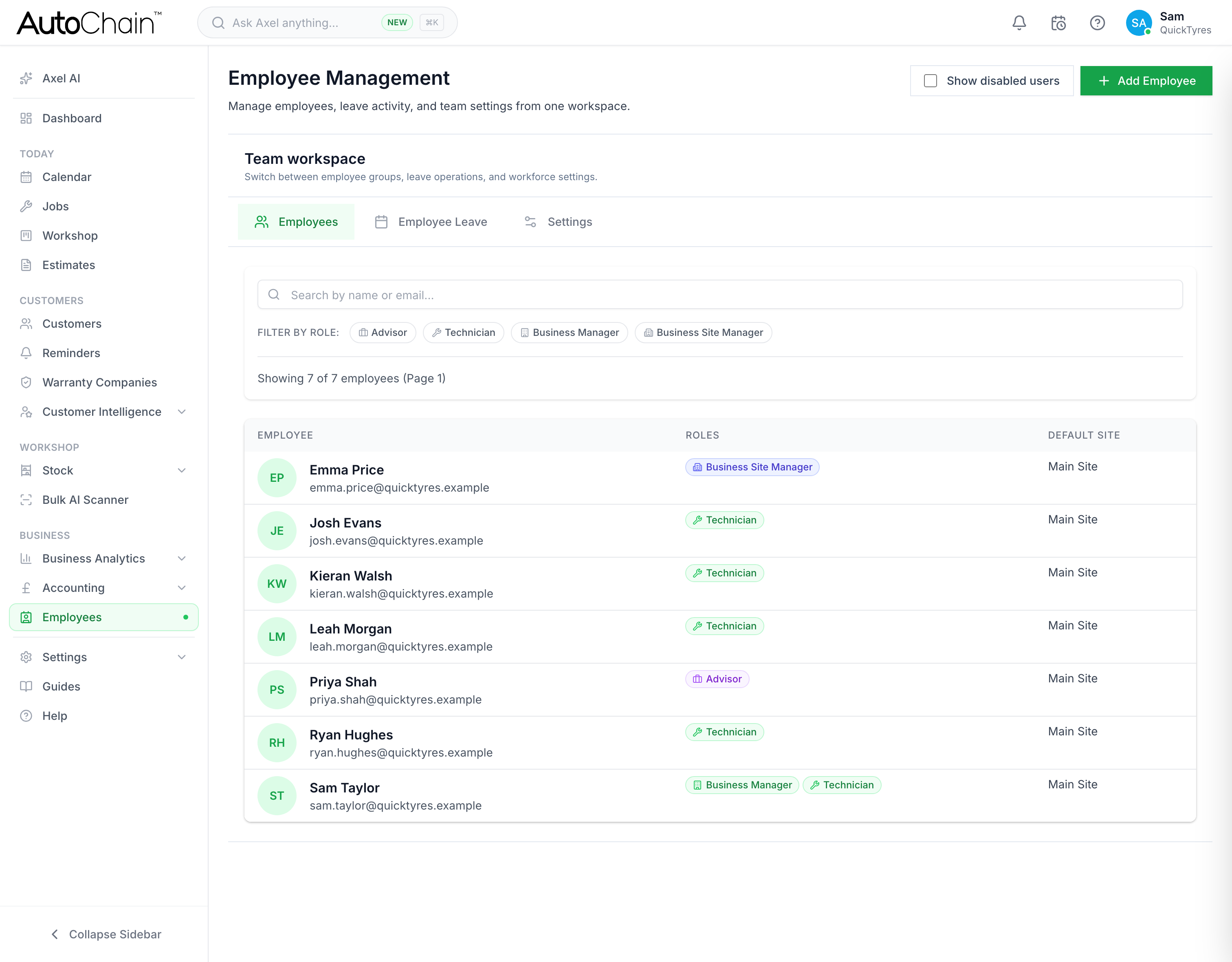 AutoChain Employee Management showing staff with their roles and default site