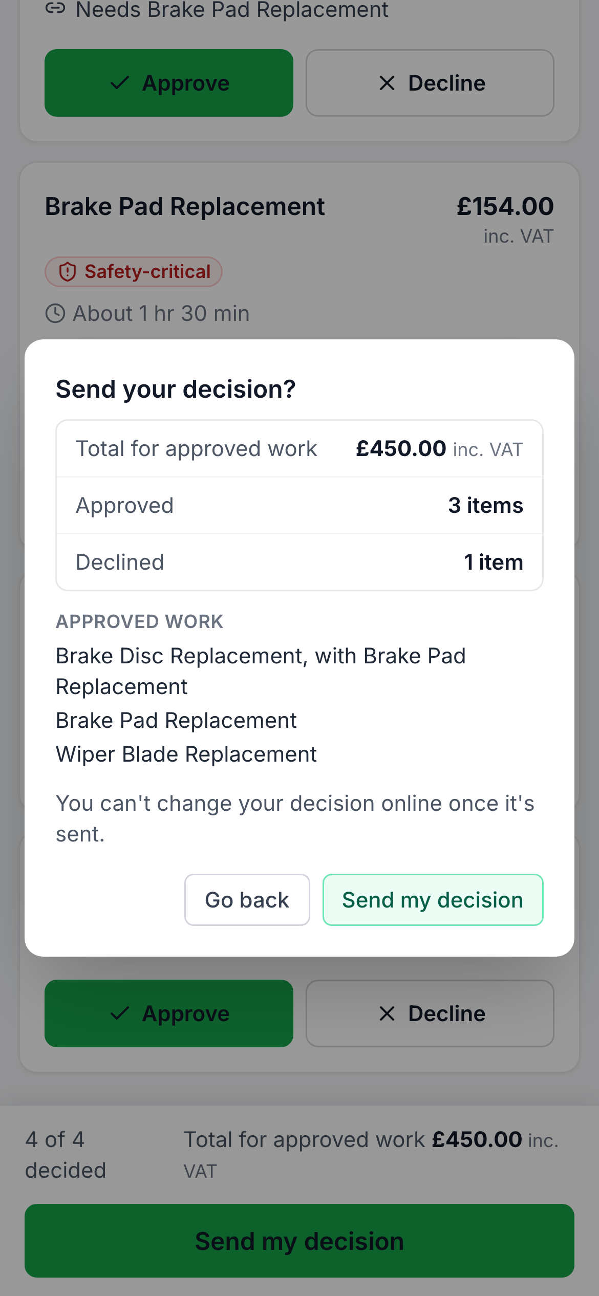 Confirmation step summarising the approved work and its total before the customer sends their decision