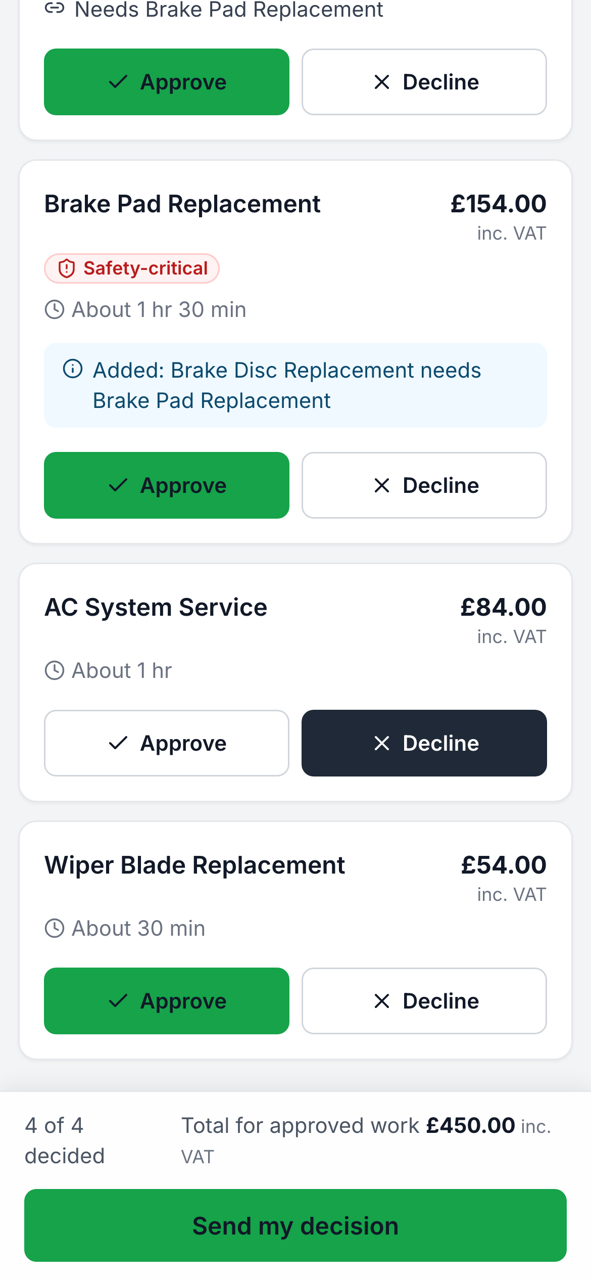 Estimate approval page on a phone listing recommended work with Approve and Decline buttons for each item