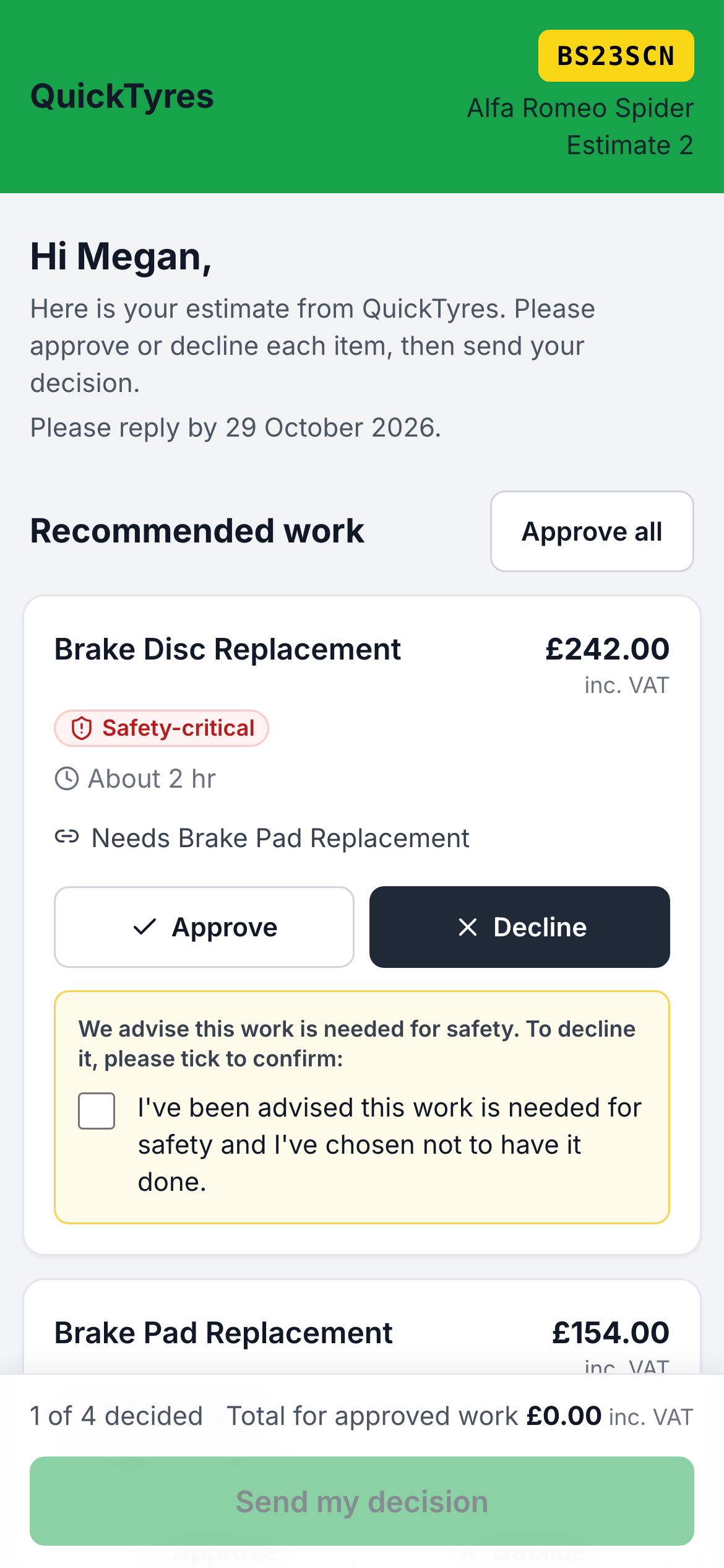 Safety-critical item on the approval page asking the customer to tick to confirm before declining