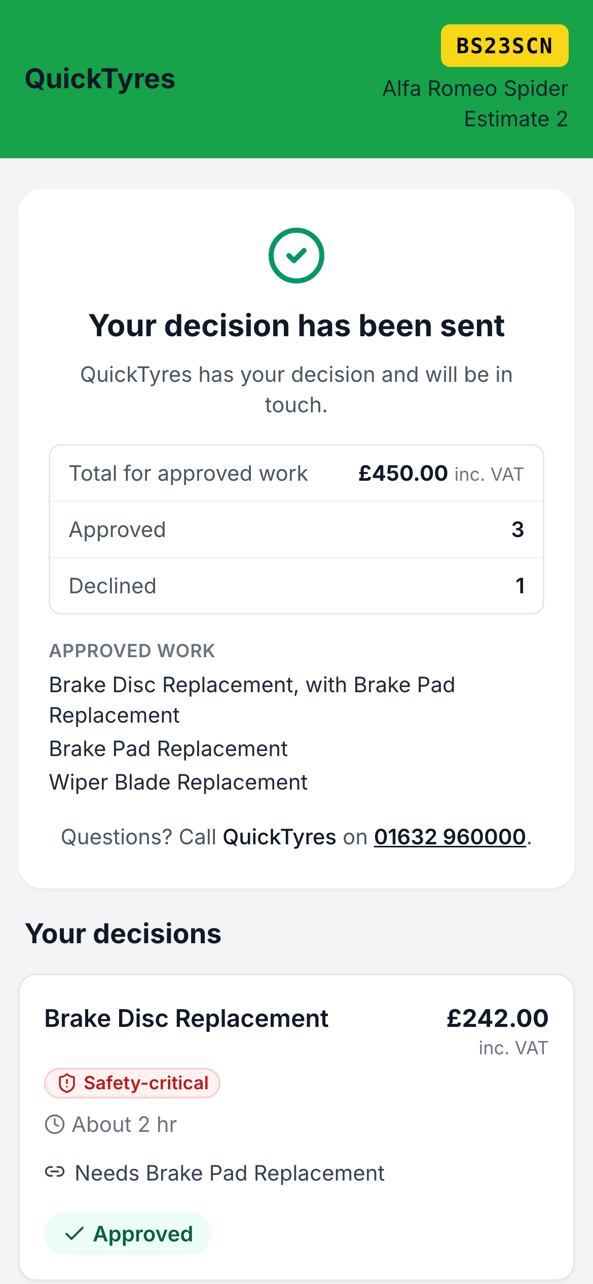 Thank-you page confirming the customer's decision has been sent to the garage