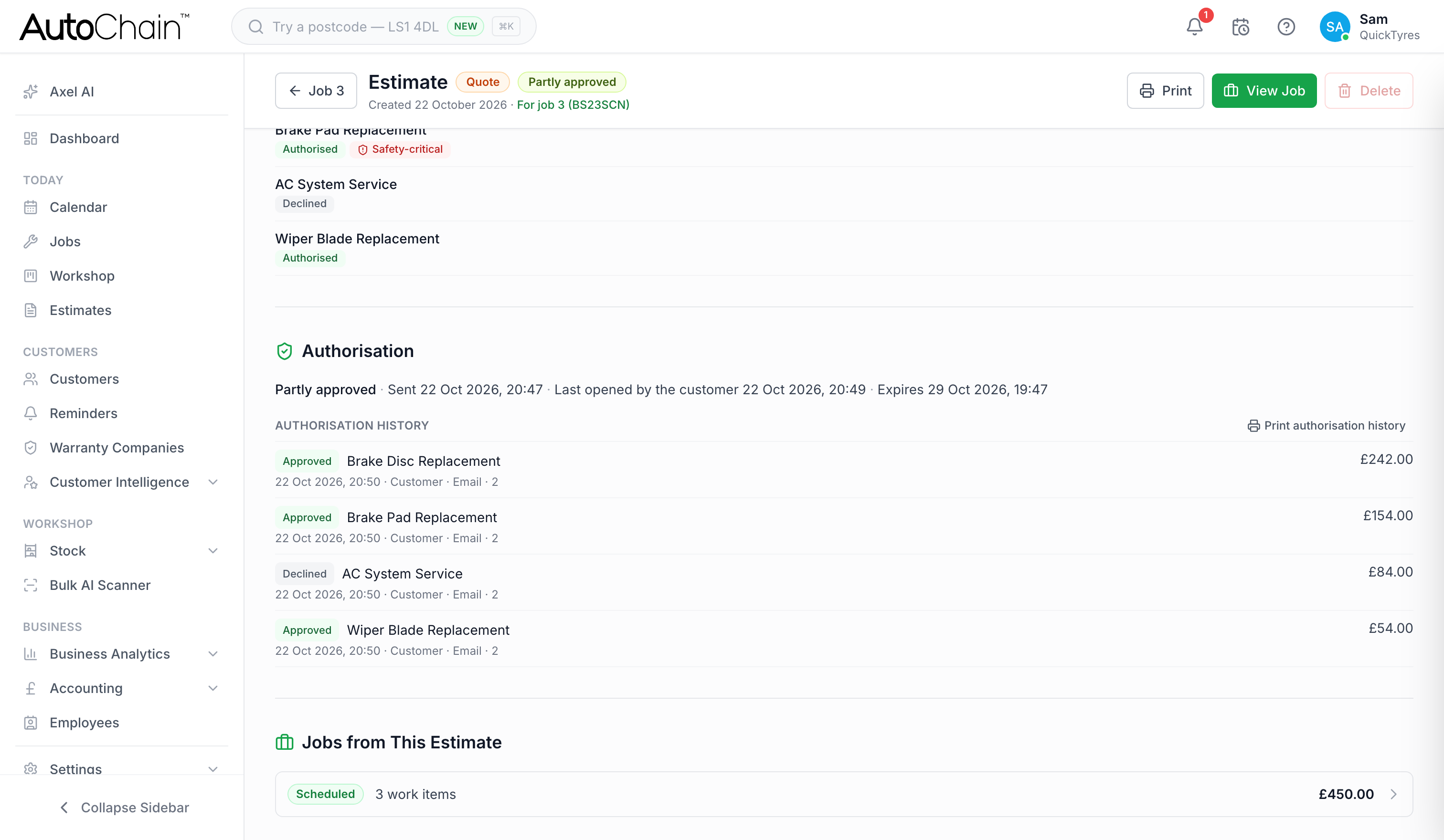 AutoChain authorisation history on a job showing each decision with when it was made, the work, the decision, who gave it and how