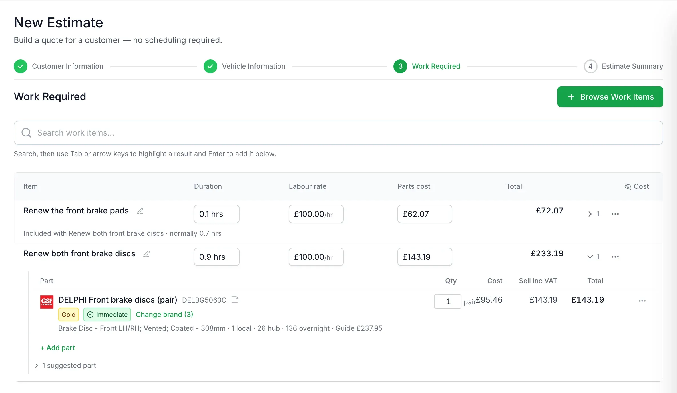 GSF parts listed under a brake job with cost, selling price and stock