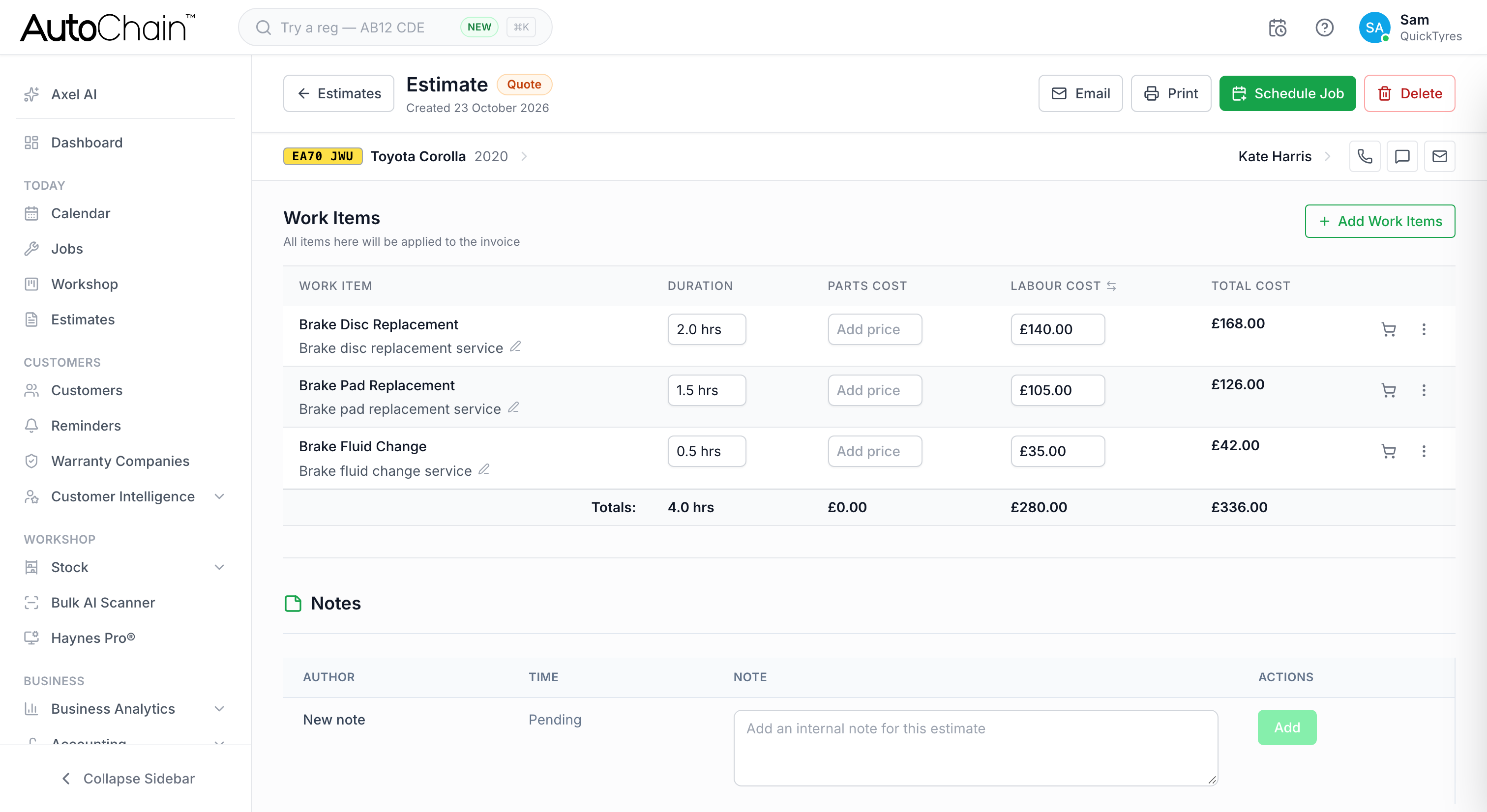 AutoChain estimate with work items, labour and total cost for a customer's vehicle