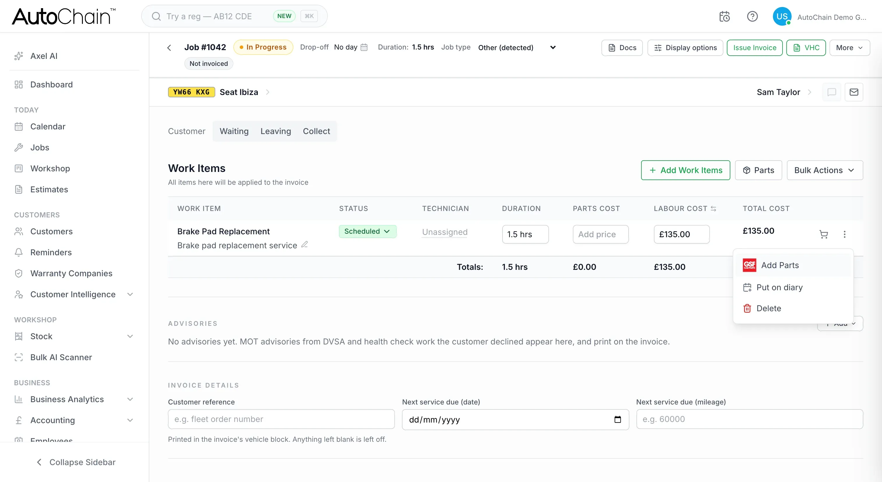 An AutoChain job work line with its menu open on the GSF Add Parts option