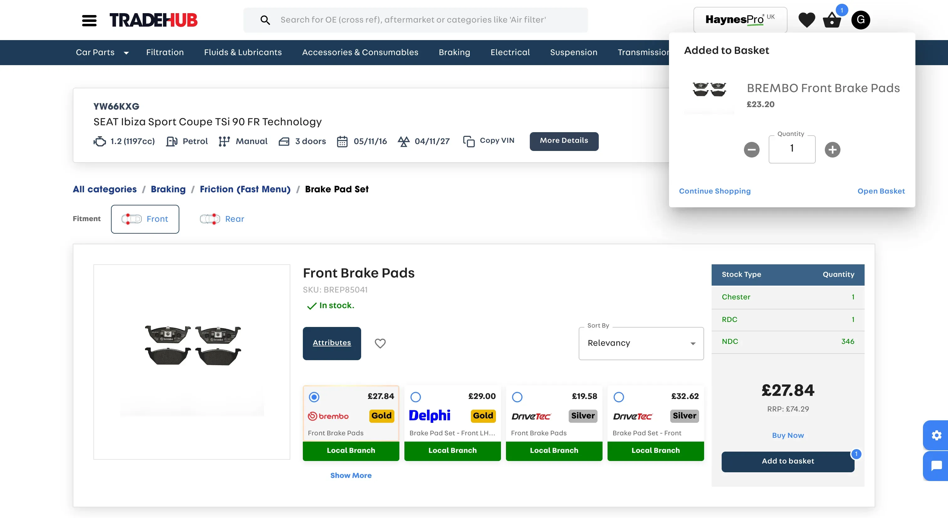 GSF TradeHub opened from AutoChain for the job's SEAT Ibiza, with front brake pads just added to the basket