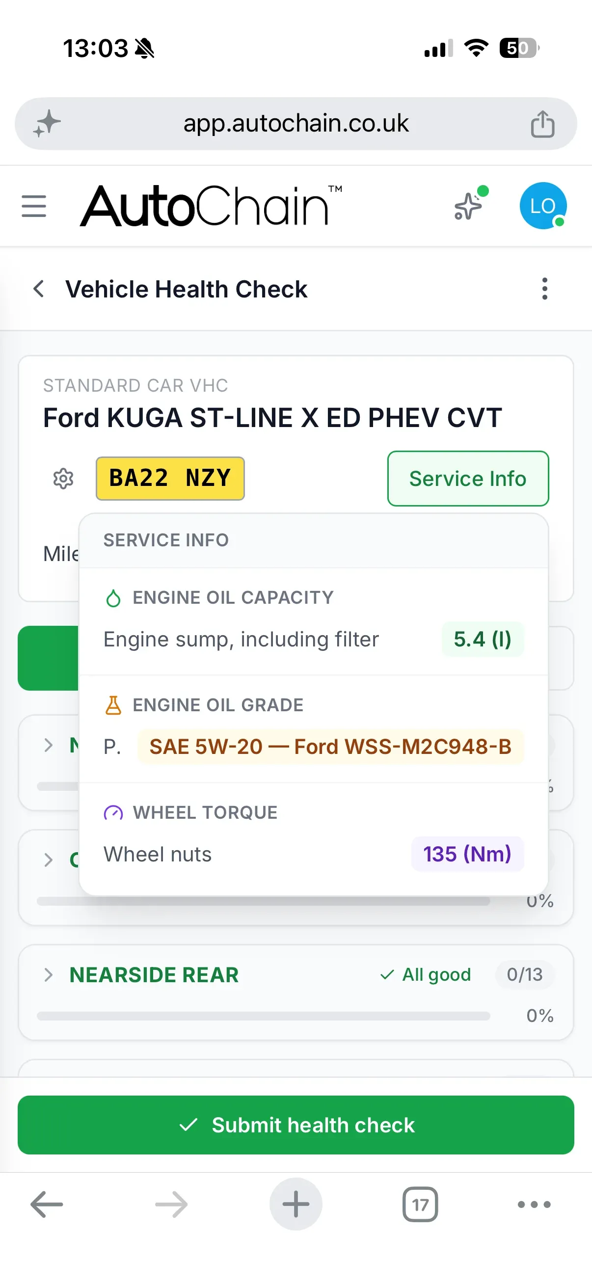 AutoChain vehicle health check on a phone with the HaynesPro Service Info panel: engine oil capacity, oil grade and wheel nut torque
