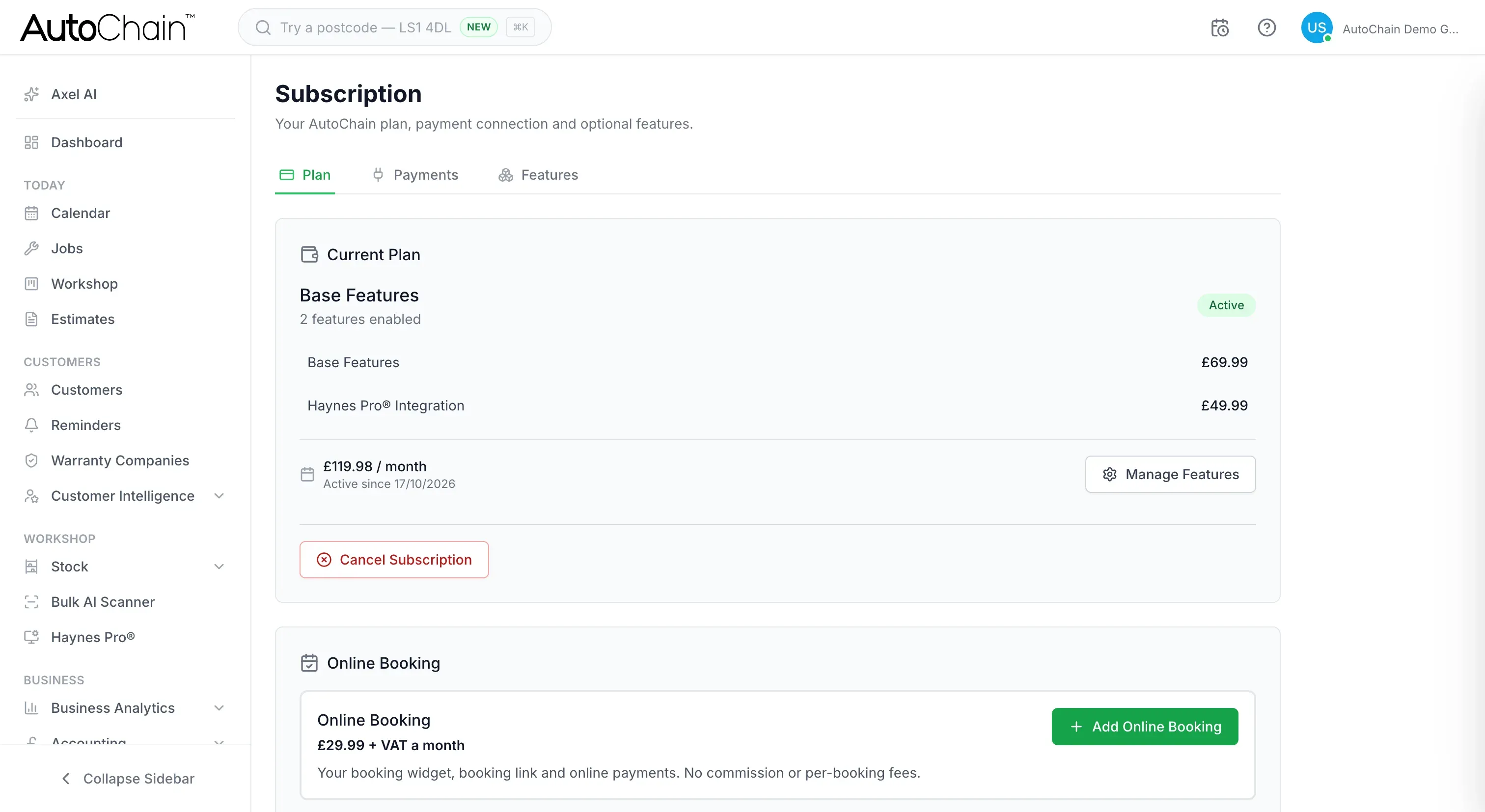 AutoChain Settings, Subscription plan with the Haynes Pro Integration add-on at £49.99 a month alongside the core plan