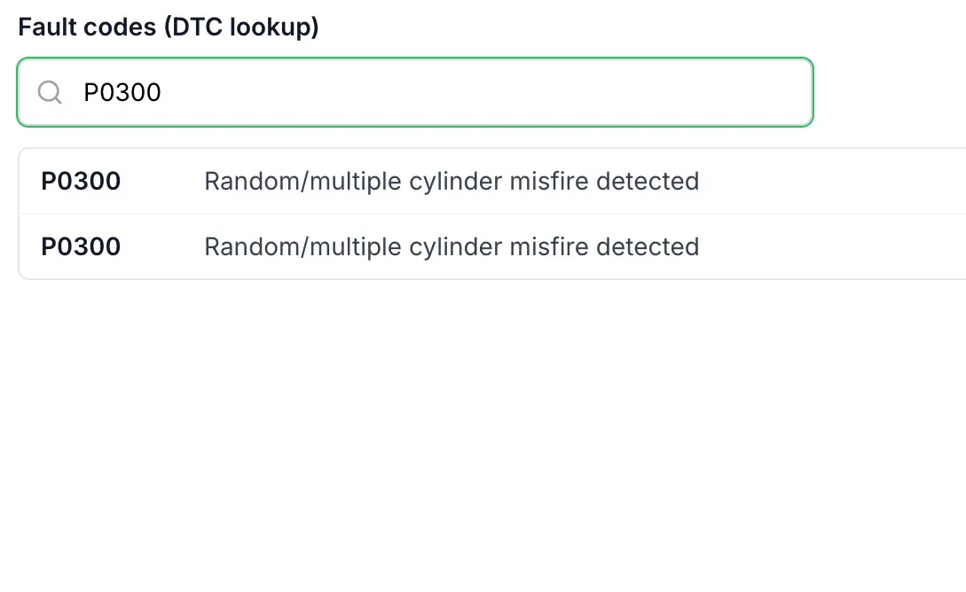 HaynesPro fault code lookup in AutoChain showing P0300, random or multiple cylinder misfire detected