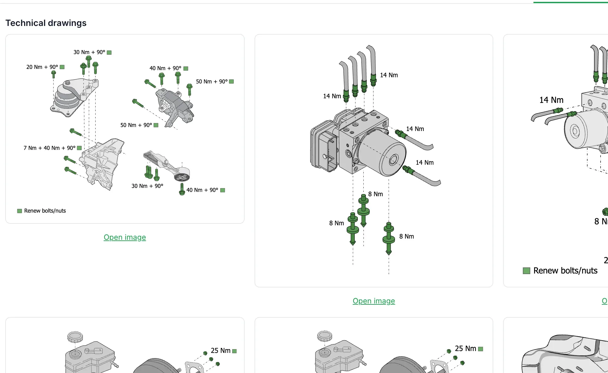 HaynesPro technical drawings in AutoChain with torque settings for engine mounts and the ABS unit