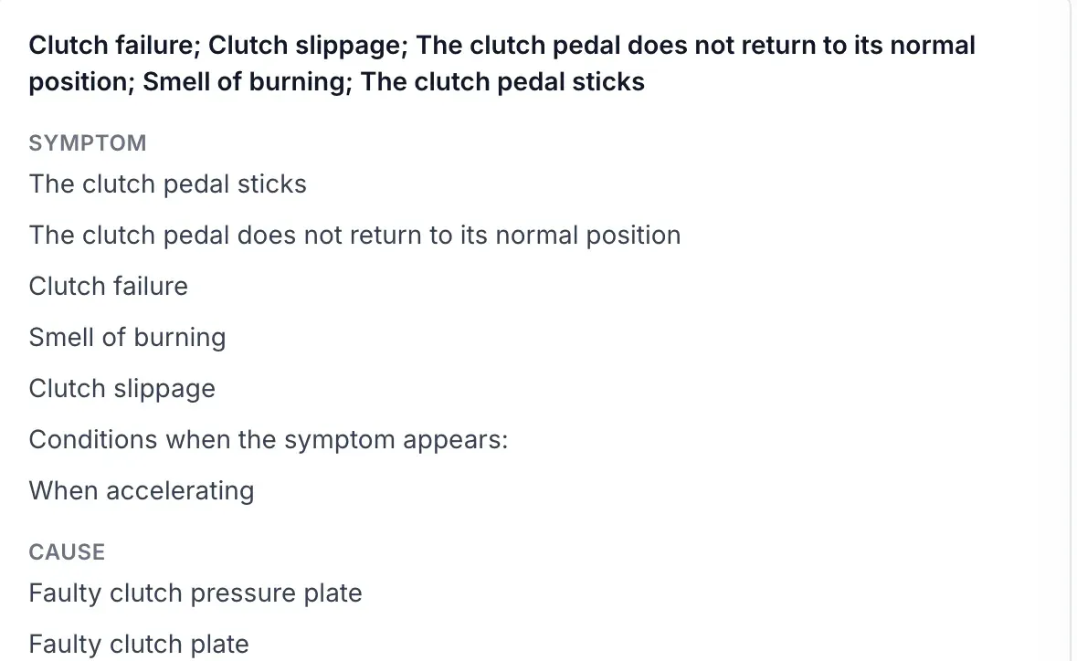 HaynesPro technical service bulletin in AutoChain with symptom, cause and solution for a clutch fault