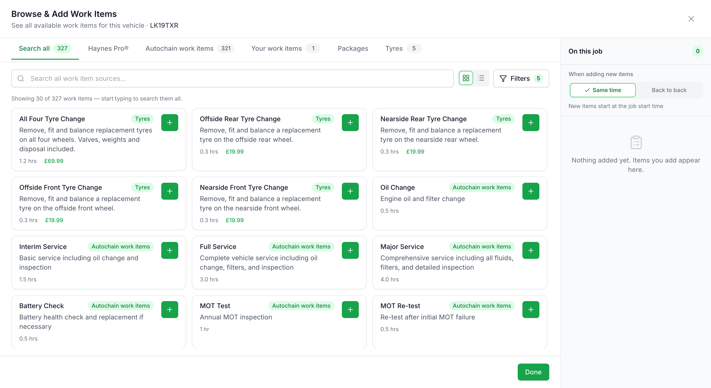 AutoChain Browse and Add Work Items window with work items, packages and tyre changes for the vehicle