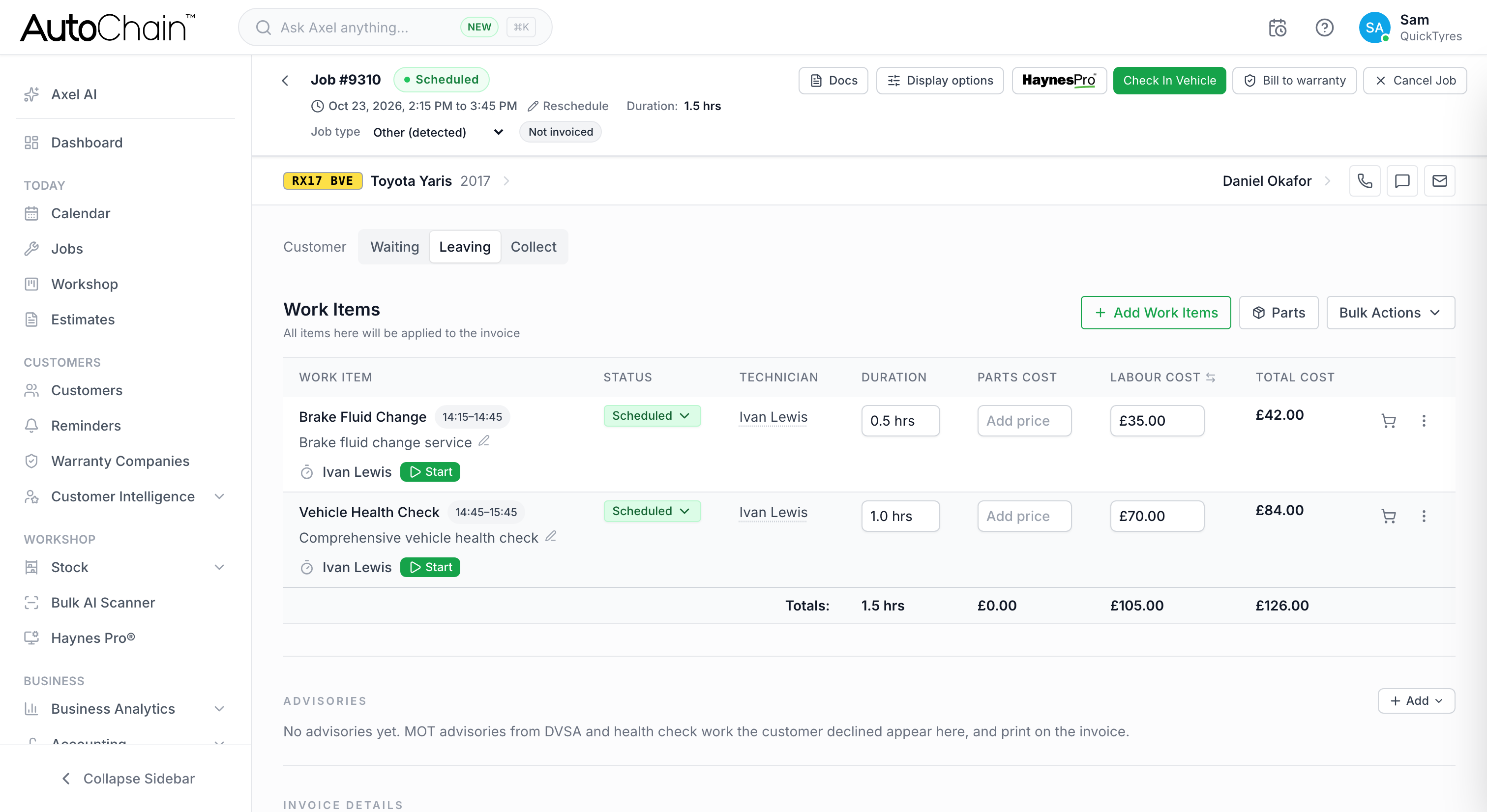 AutoChain job card with work items, technician, duration and labour cost