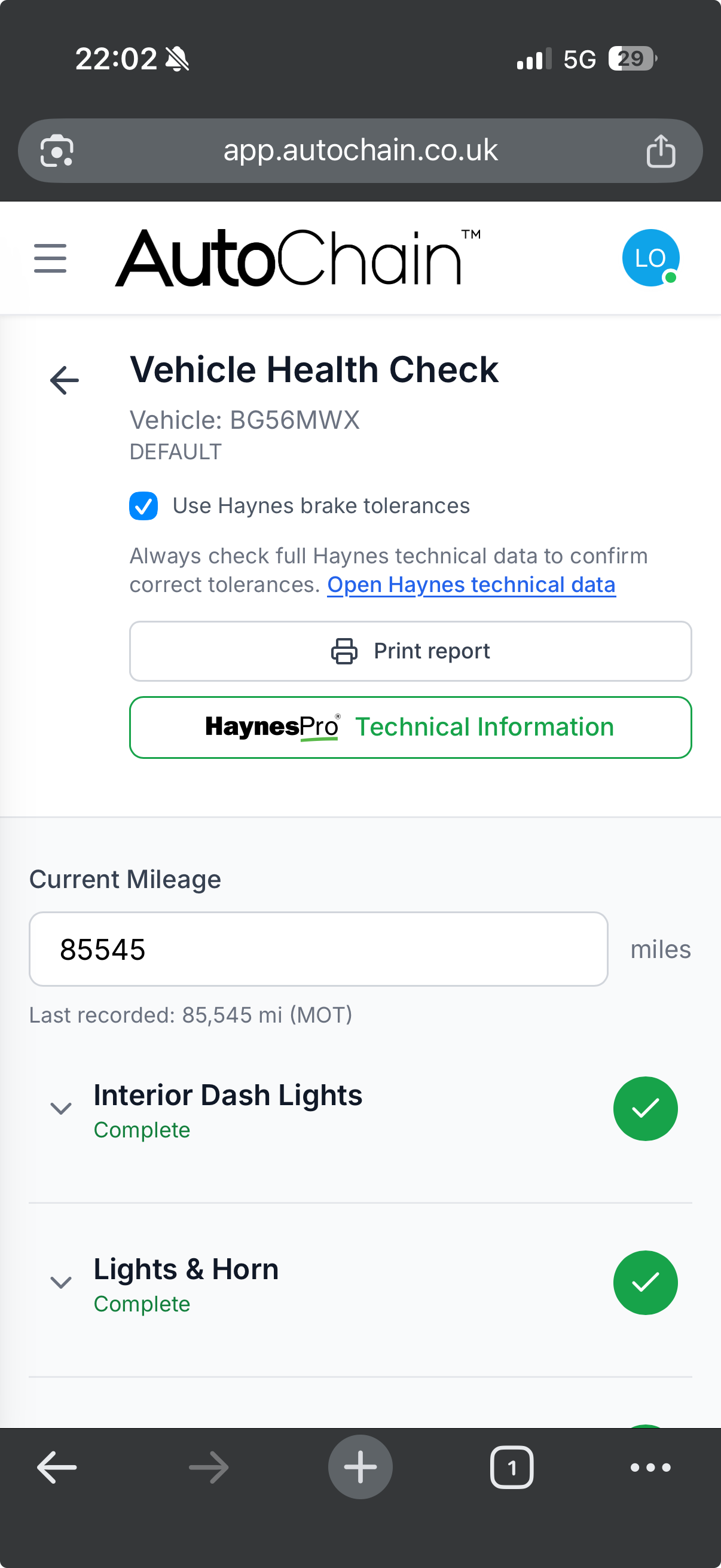 AutoChain mobile vehicle health check form on a phone