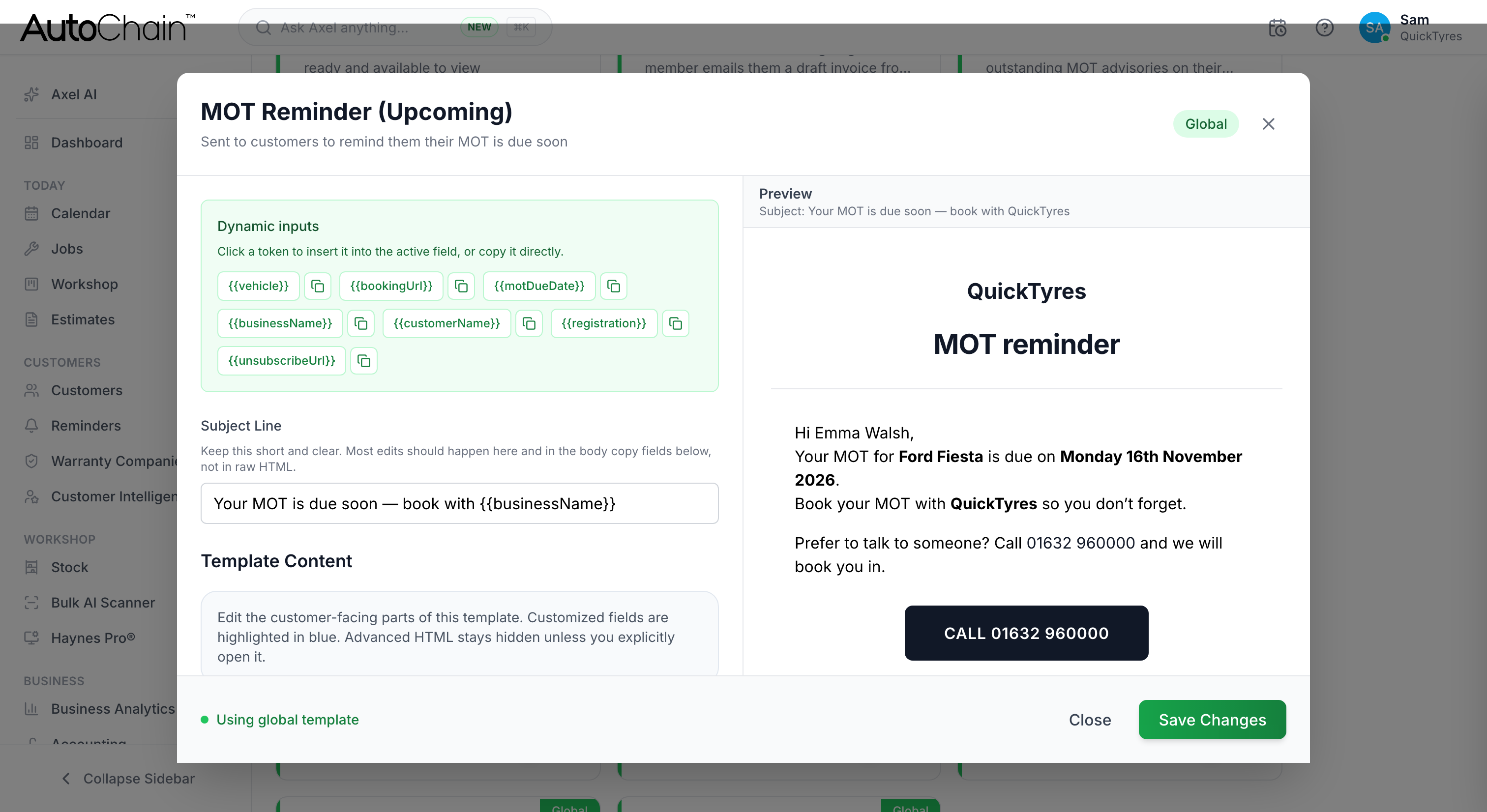 AutoChain MOT reminder email template editor with a live preview