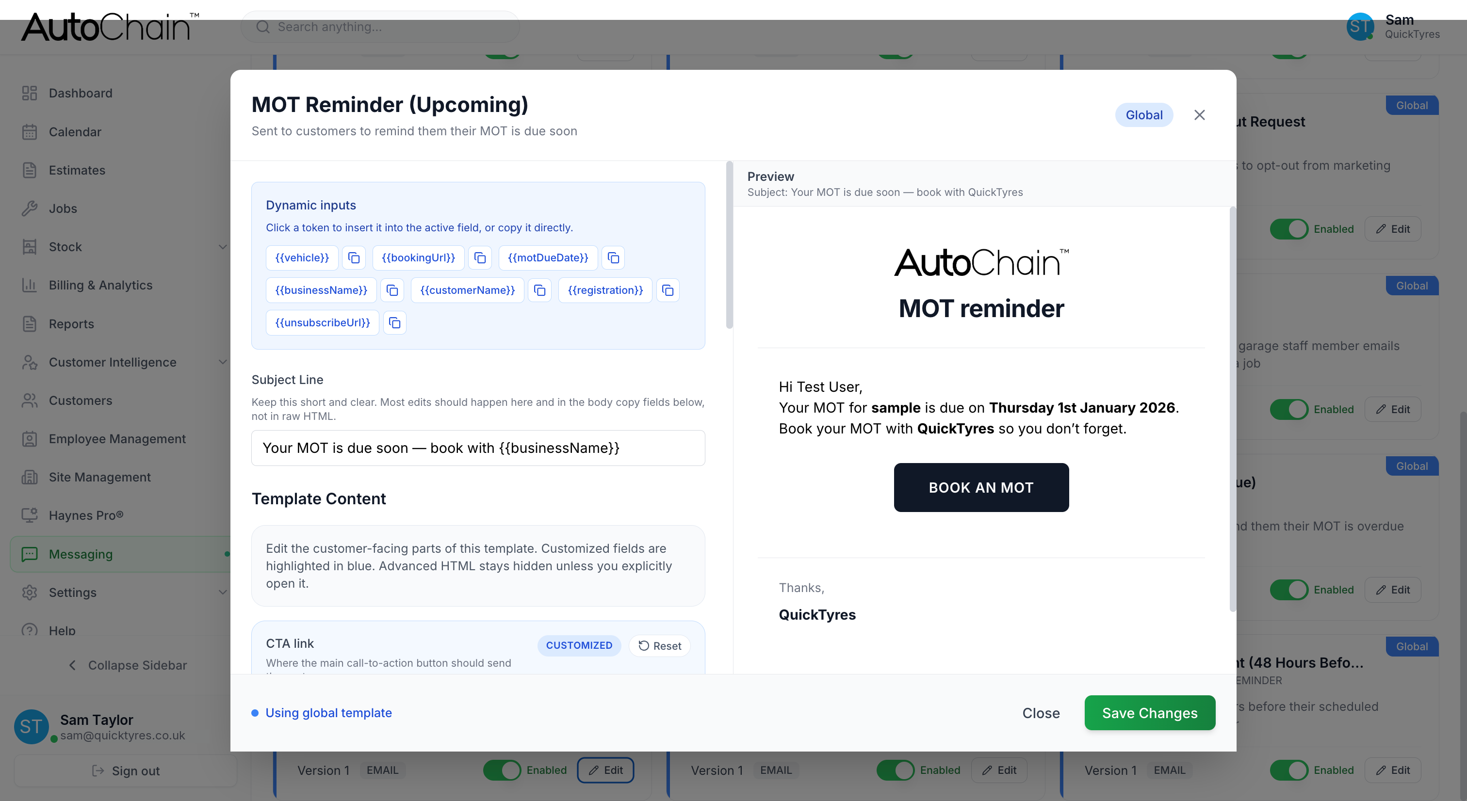 AutoChain MOT reminders page