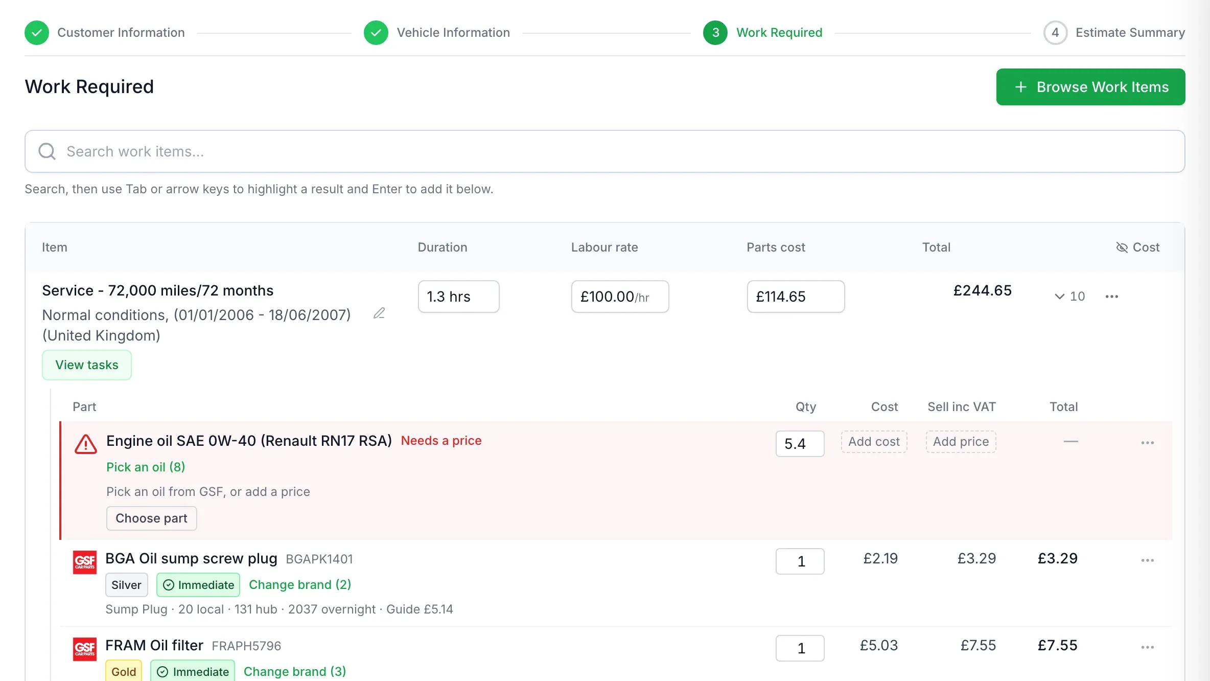 A part flagged as needing a price before the quote can be sent