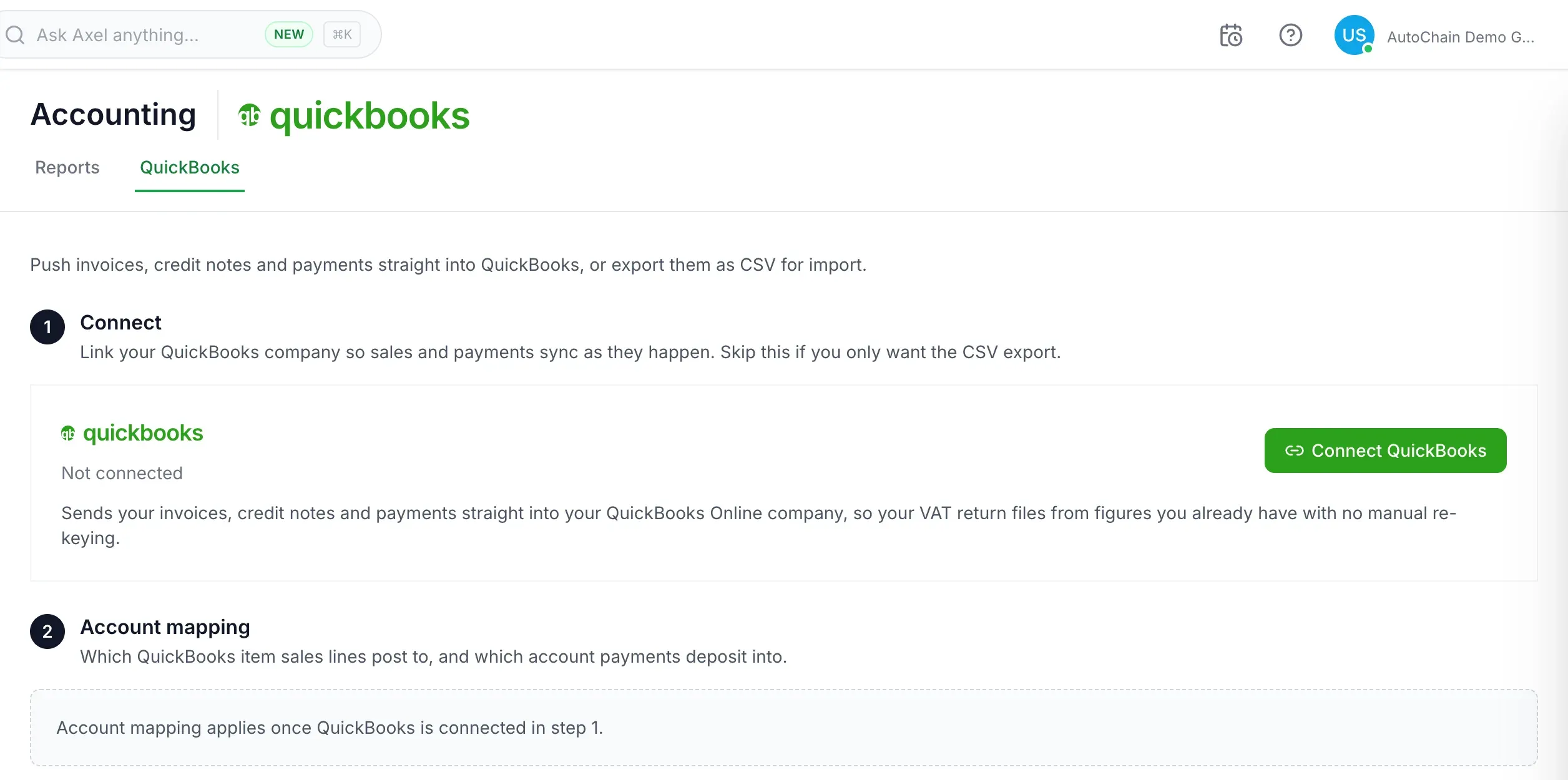 AutoChain Accounting, QuickBooks screen with the Connect QuickBooks button and CSV exports