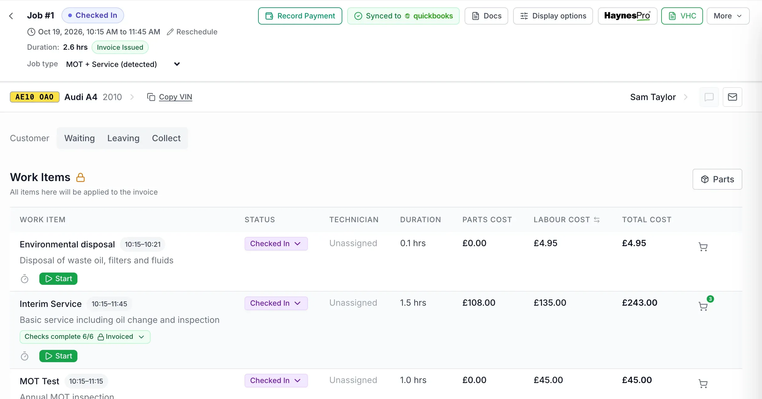 An invoiced AutoChain job showing Synced to QuickBooks