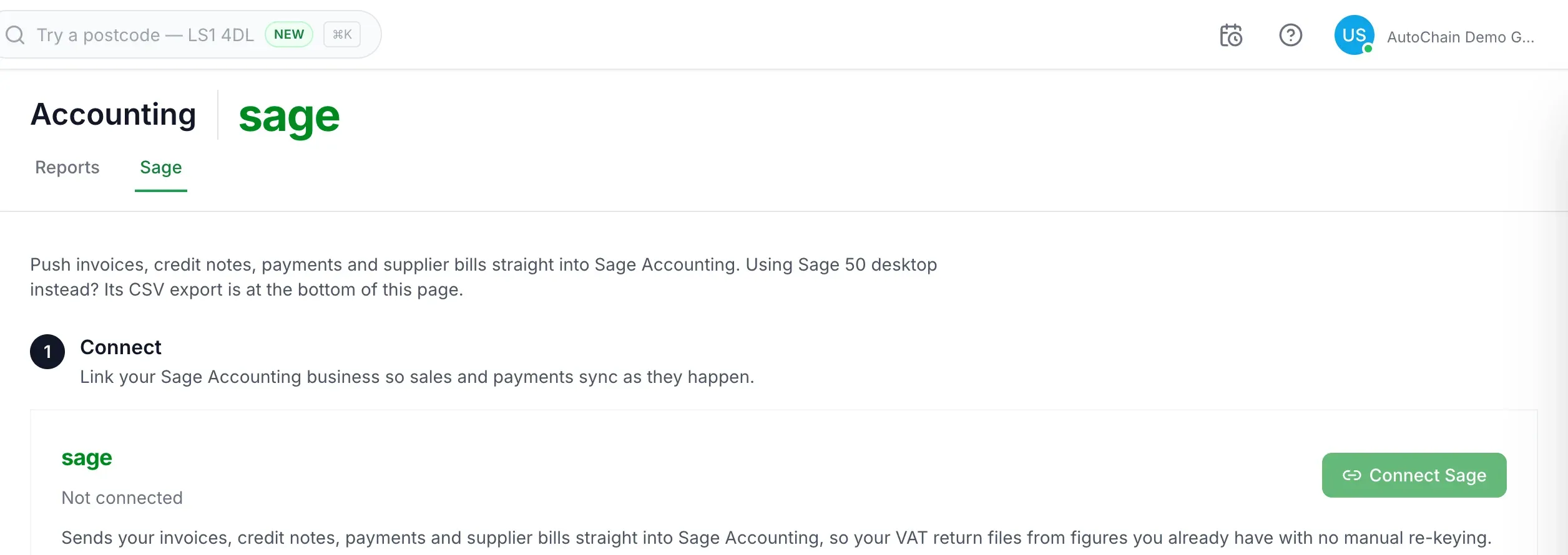 AutoChain Accounting, Sage screen with the Connect Sage button
