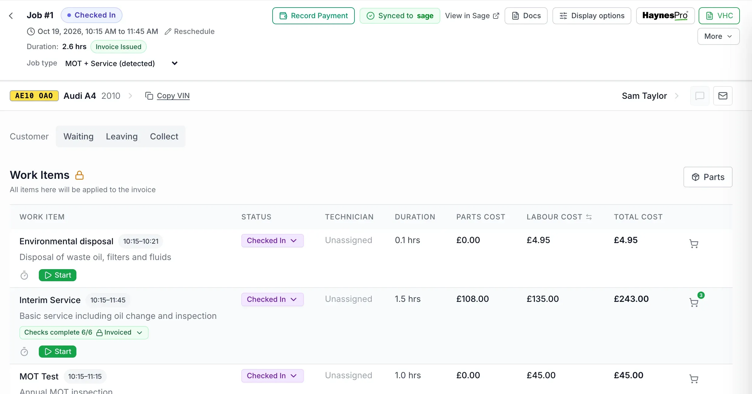 An invoiced AutoChain job showing Synced to Sage with a View in Sage link