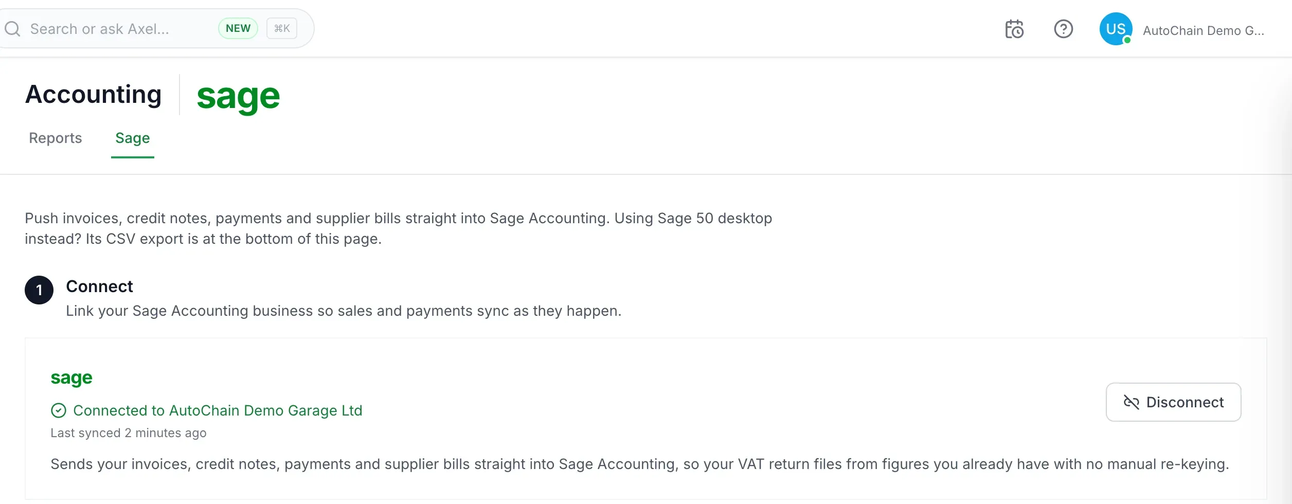 AutoChain Accounting, Sage screen showing Connected to AutoChain Demo Garage Ltd, last synced 2 minutes ago
