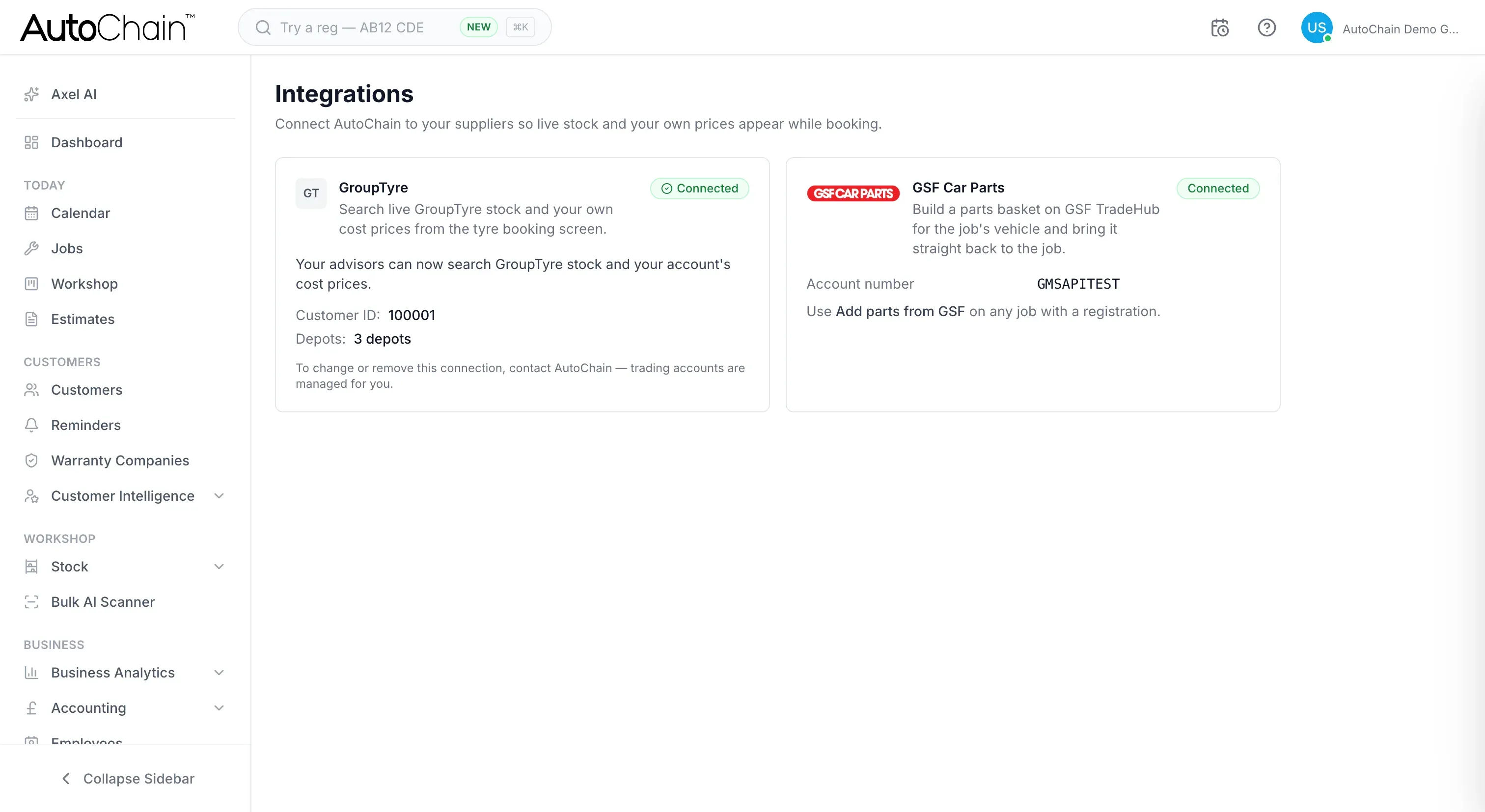 AutoChain Settings, Integrations screen with the GroupTyre and GSF Car Parts cards both connected