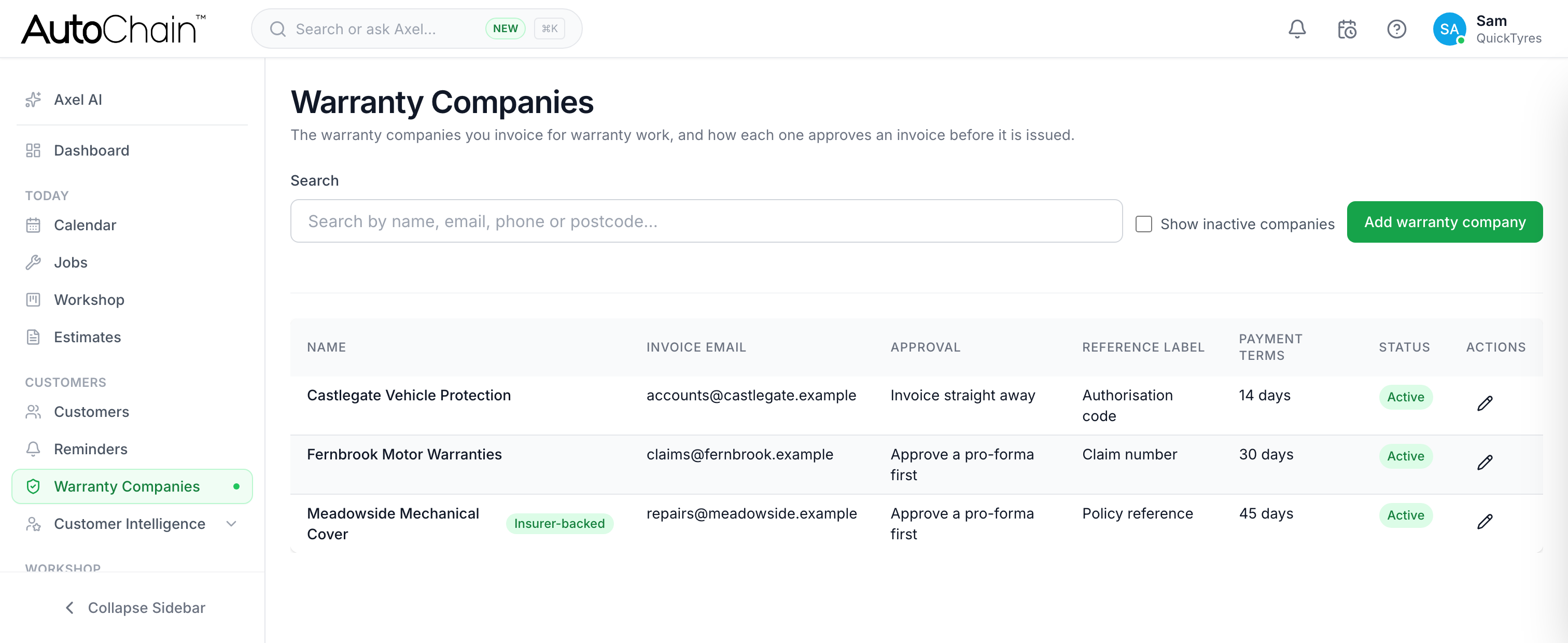 AutoChain Warranty Companies list showing each company's invoice email, approval mode, reference label and payment terms