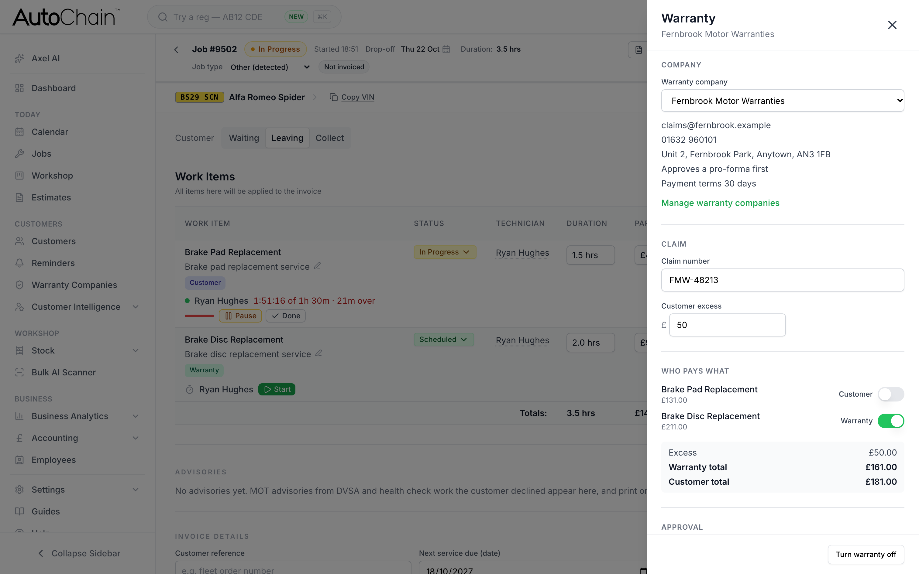 AutoChain warranty drawer on a job showing the warranty company, claim reference, customer excess and who pays for each work item