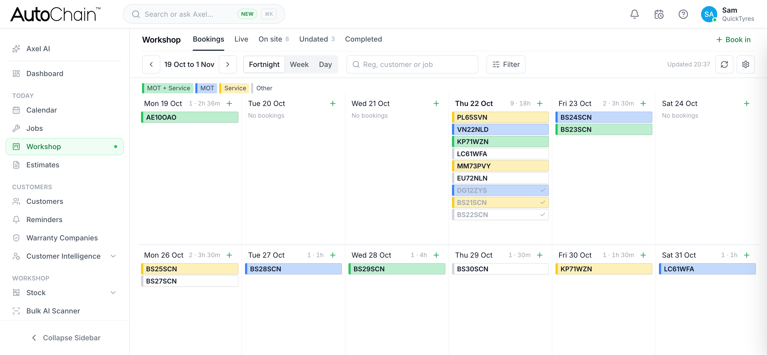 AutoChain Workshop screen showing the week of bookings by drop-off day, each job tinted by job type