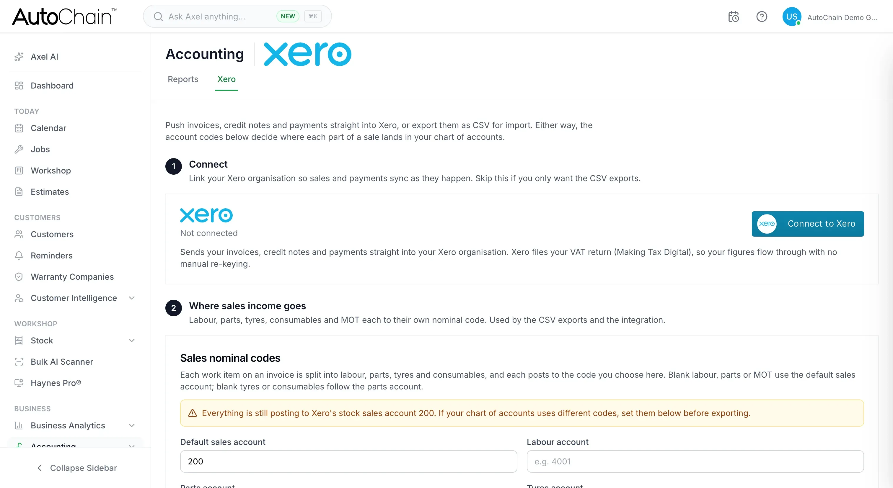 AutoChain Accounting, Xero screen with the Connect to Xero button