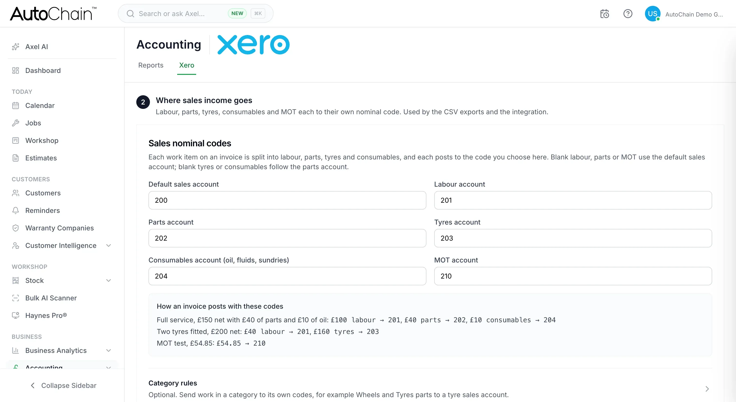 AutoChain sales nominal codes for Xero with a worked example of how a service, tyres and an MOT post to each code