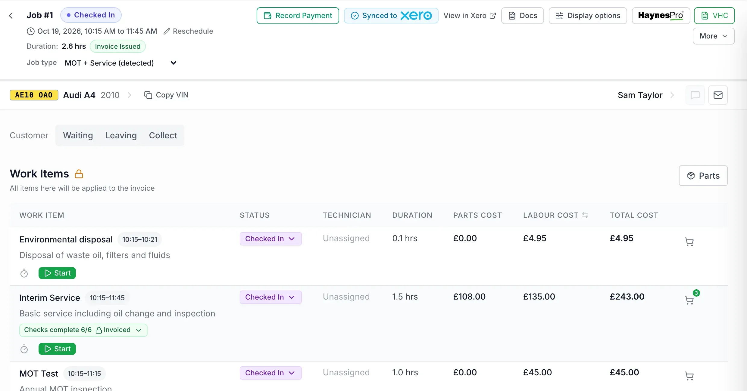 An invoiced AutoChain job showing Synced to Xero with a View in Xero link