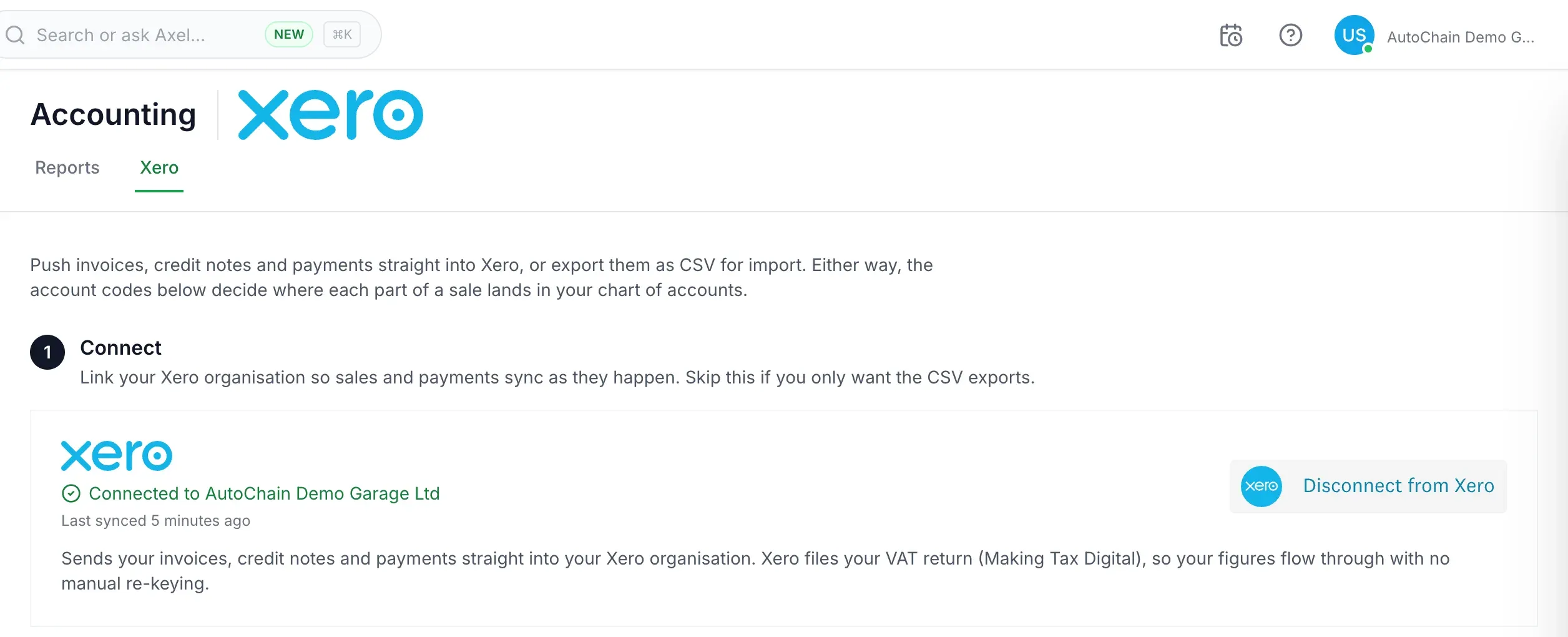 AutoChain Accounting, Xero screen showing Connected to AutoChain Demo Garage Ltd, last synced 5 minutes ago