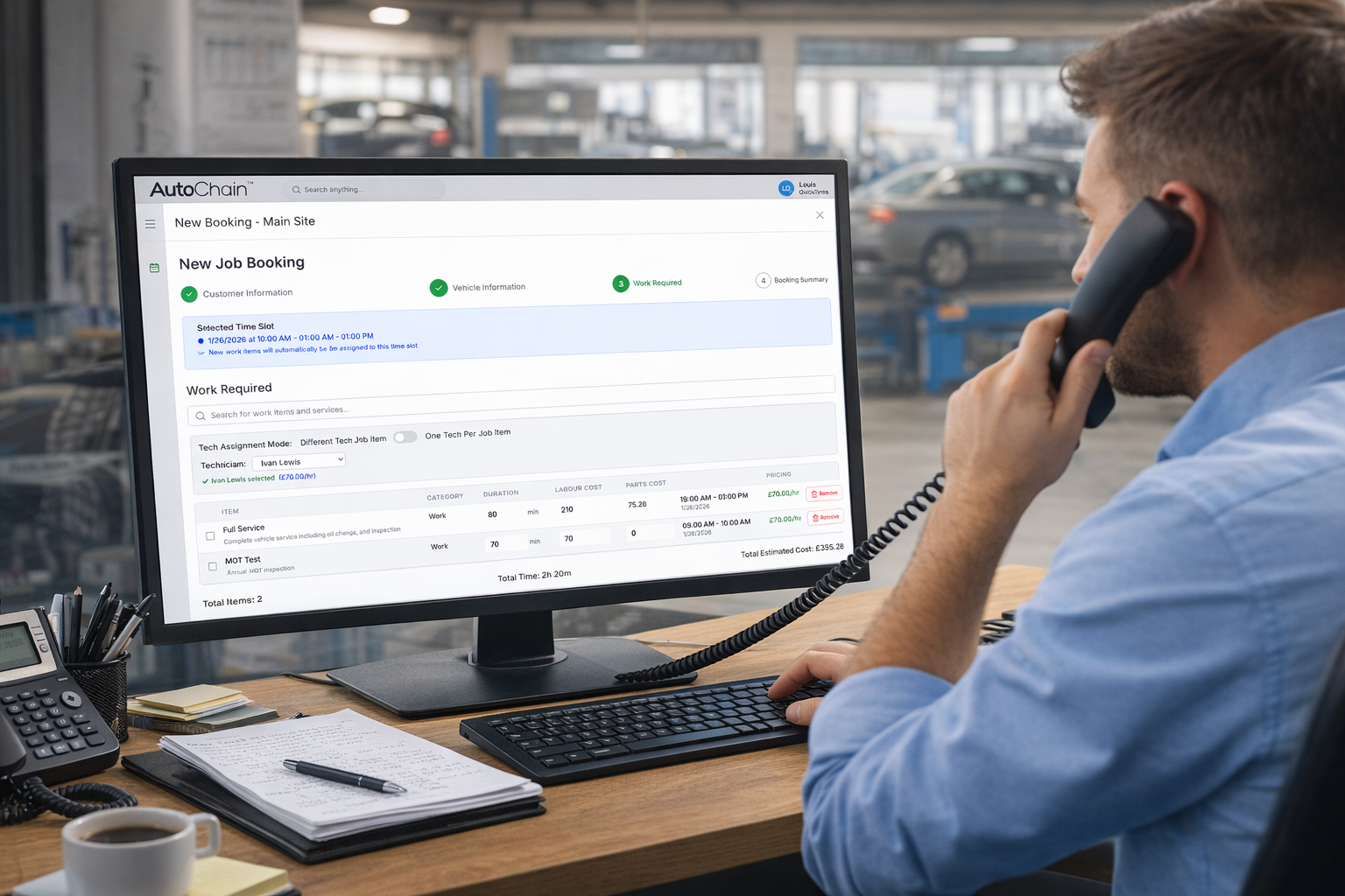 AutoChain Booking Wizard in action - Service advisor using the digital job card system to create a new booking with step-by-step workflow, technician assignment, time slot selection, and detailed service item pricing