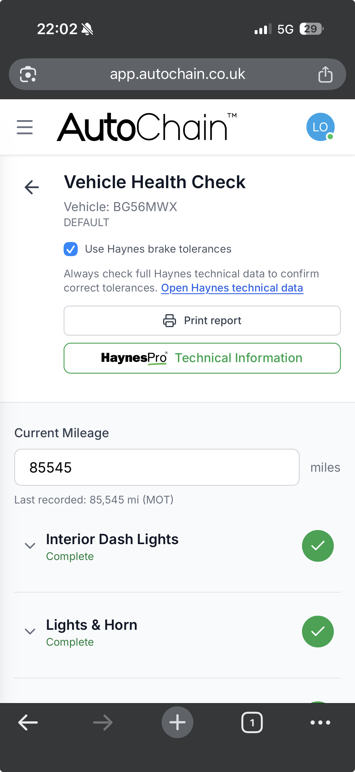 AutoChain mobile vehicle health check form on a phone